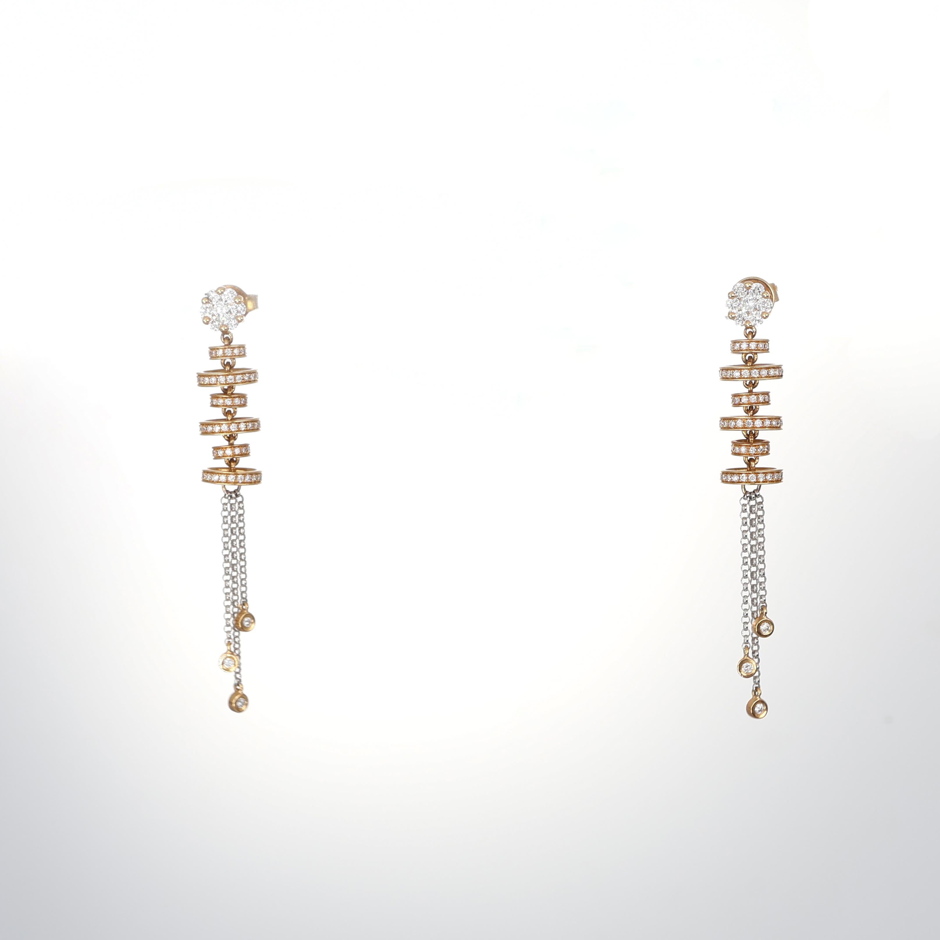 Refined and contemporary, these 18K rose gold drop earrings feature an intricate geometric structure adorned with natural brilliant-cut diamonds. The design is completed with delicate chain tassels that add movement and elegance. A sophisticated