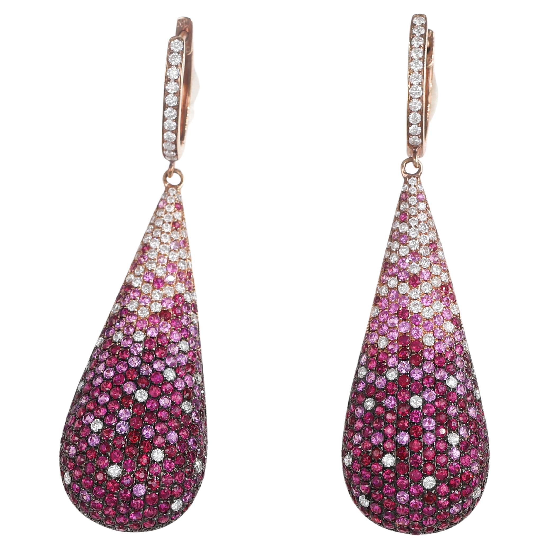 18K Rose Gold Drop Earrings with Diamonds, Pink Sapphires, and Rubies