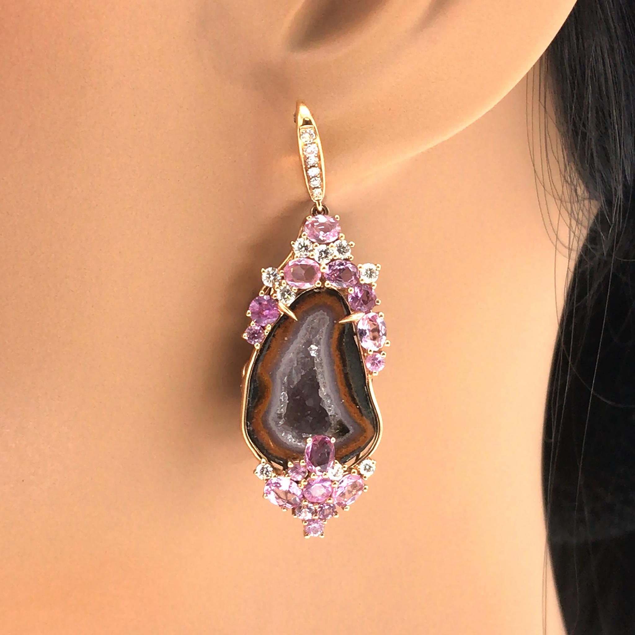 Round Cut 18k Rose Gold Druzy Gem, Pink Sapphire and Diamond Earrings