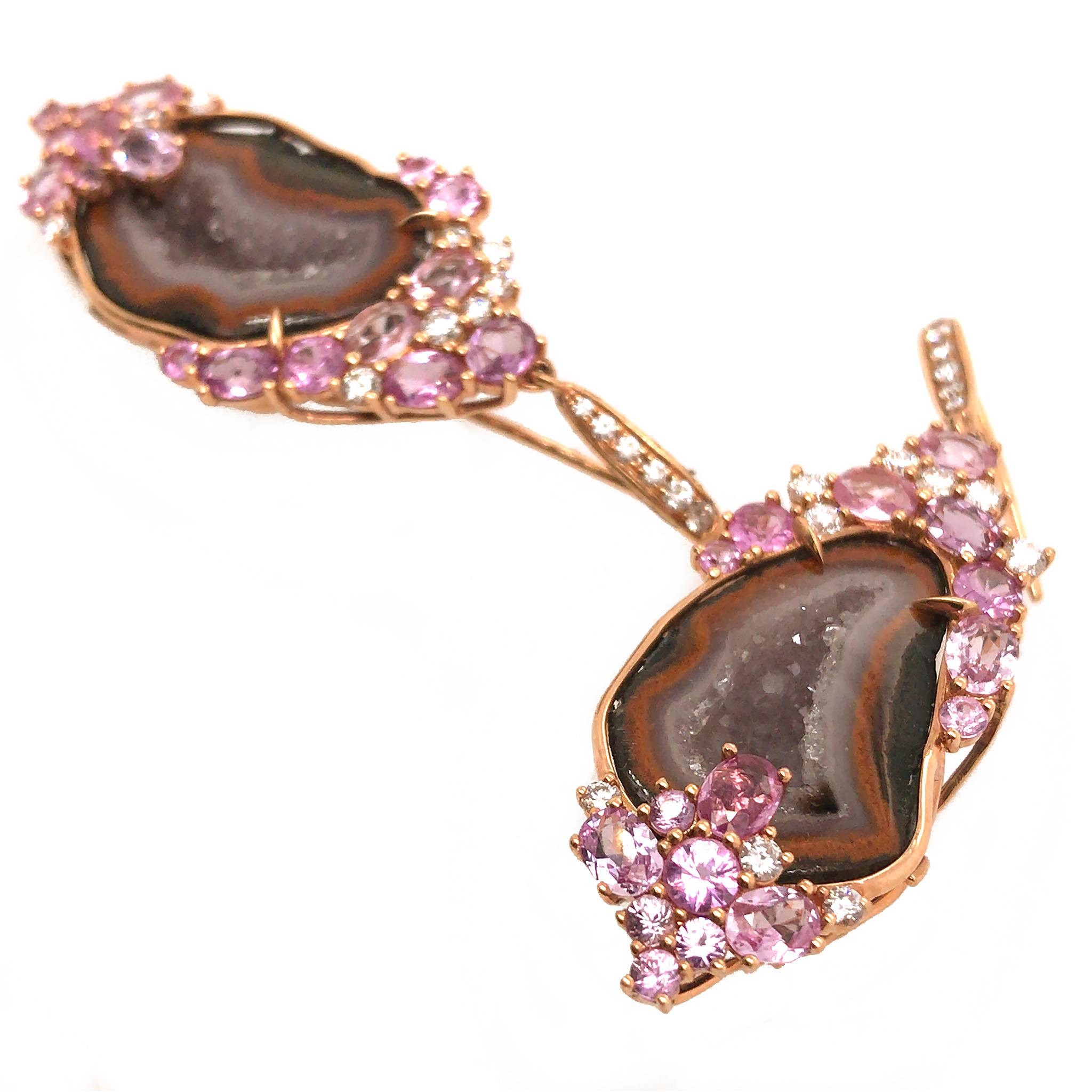 18k Rose Gold Druzy Gem, Pink Sapphire and Diamond Earrings In Excellent Condition In New York, NY