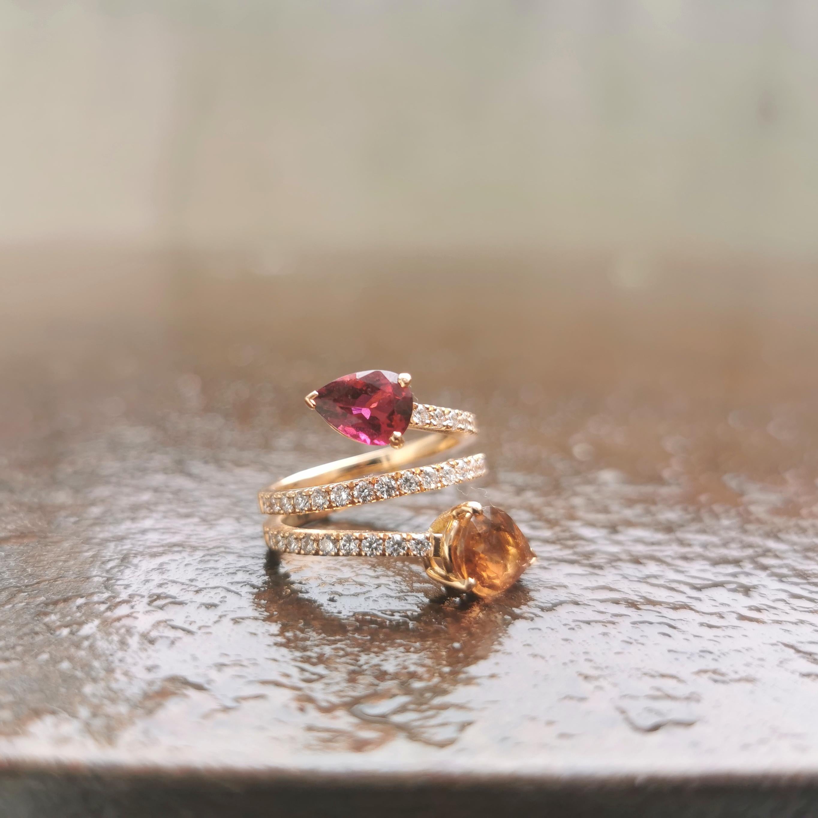 Contemporary 18K Rose Gold Duo Ring Set with Tourmalines and 0, 71 Cts of Diamonds