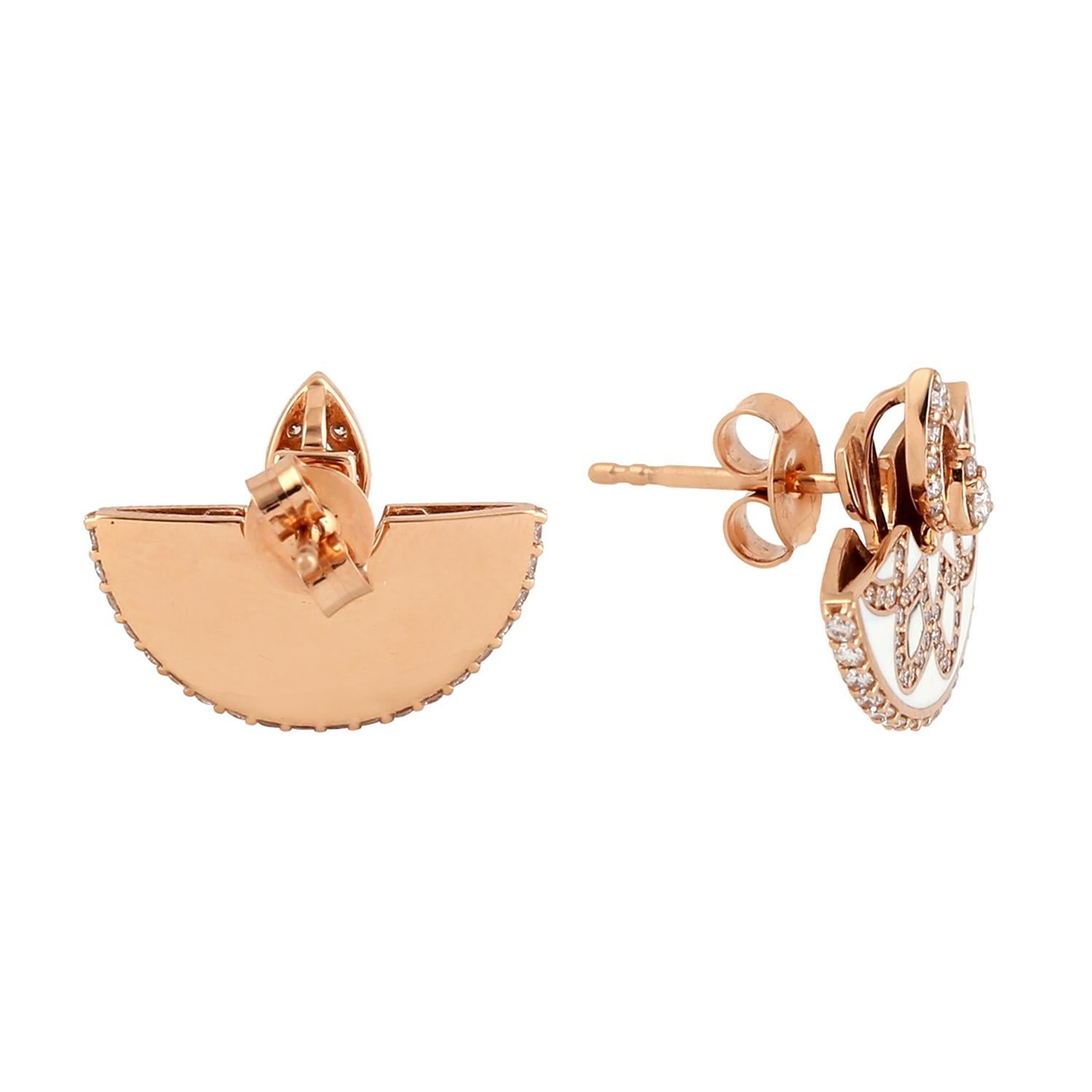 Mixed Cut 18k Rose Gold Earring in Fan Shape with Ceramic Inlay and VS Diamonds For Sale