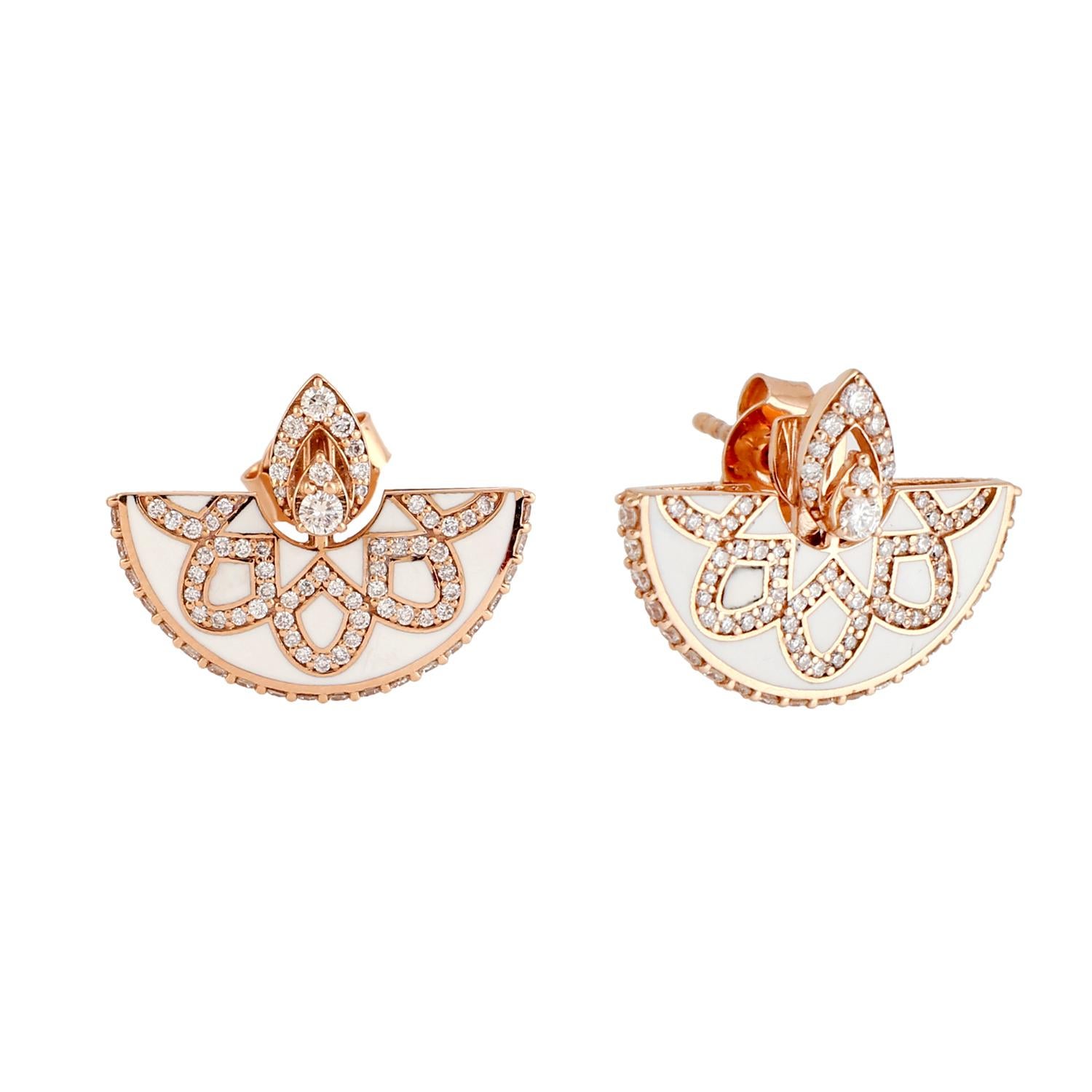 18k Rose Gold Earring in Fan Shape with Ceramic Inlay and VS Diamonds In New Condition For Sale In New York, NY