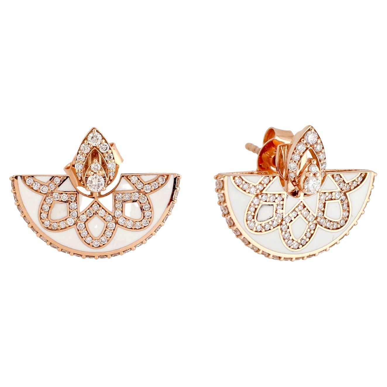 18k Rose Gold Earring in Fan Shape with Ceramic Inlay and VS Diamonds For Sale