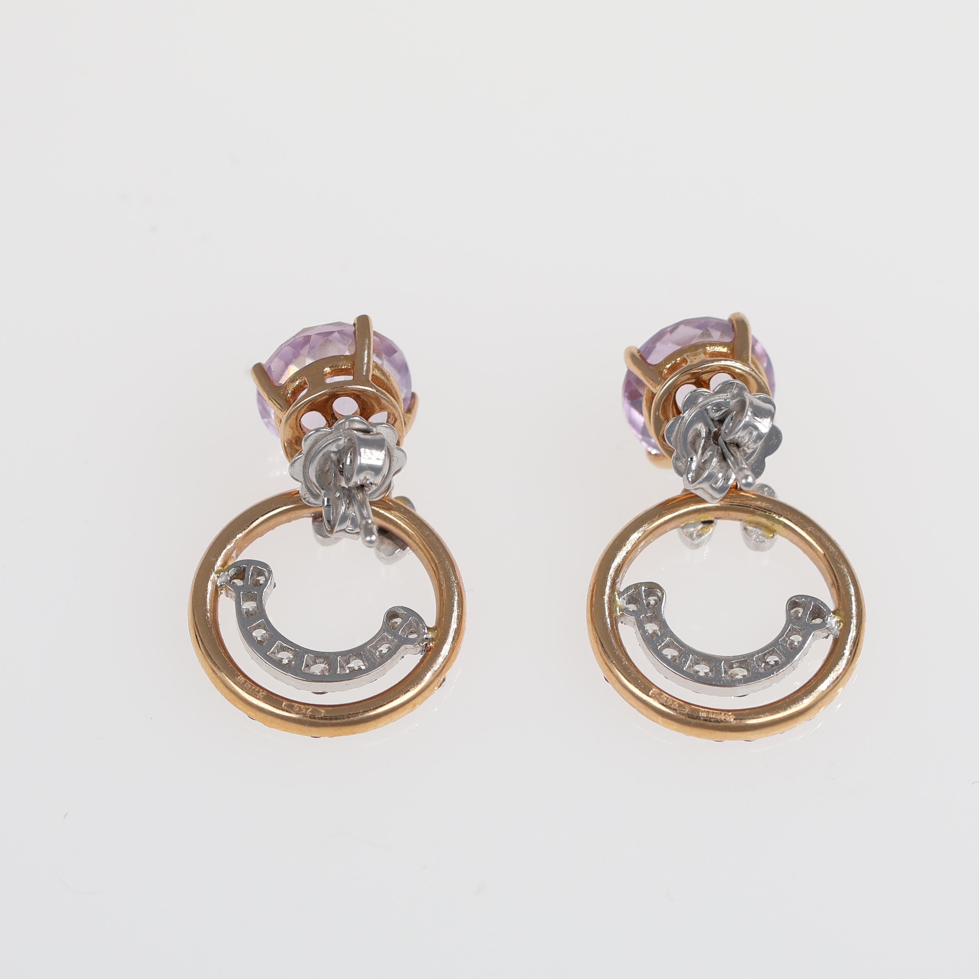 Brilliant Cut 18k Rose Gold Earrings with Amethyst, Pink Sapphire, and Diamond Smile Pendant For Sale