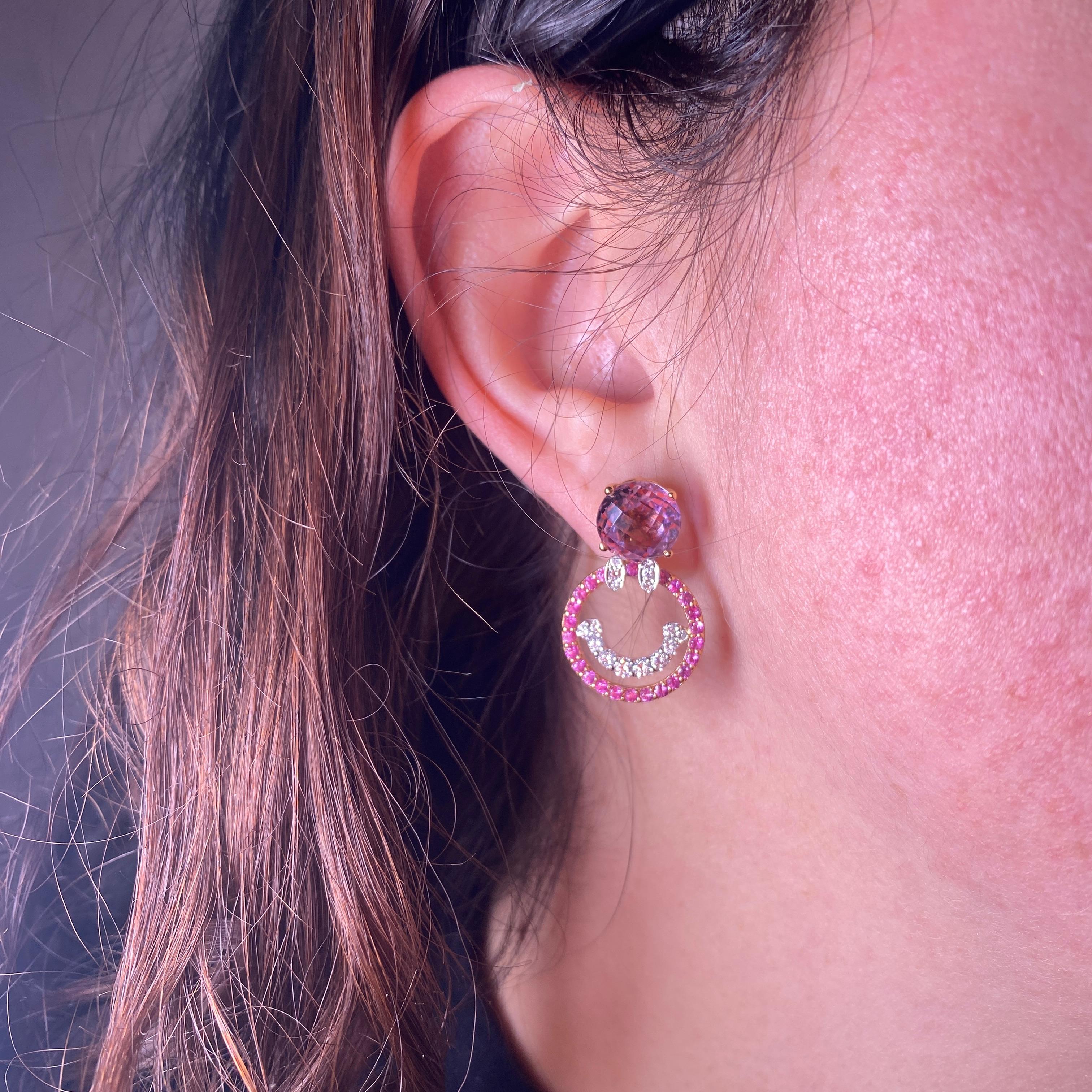 18k Rose Gold Earrings with Amethyst, Pink Sapphire, and Diamond Smile Pendant In New Condition For Sale In Bergamo, BG
