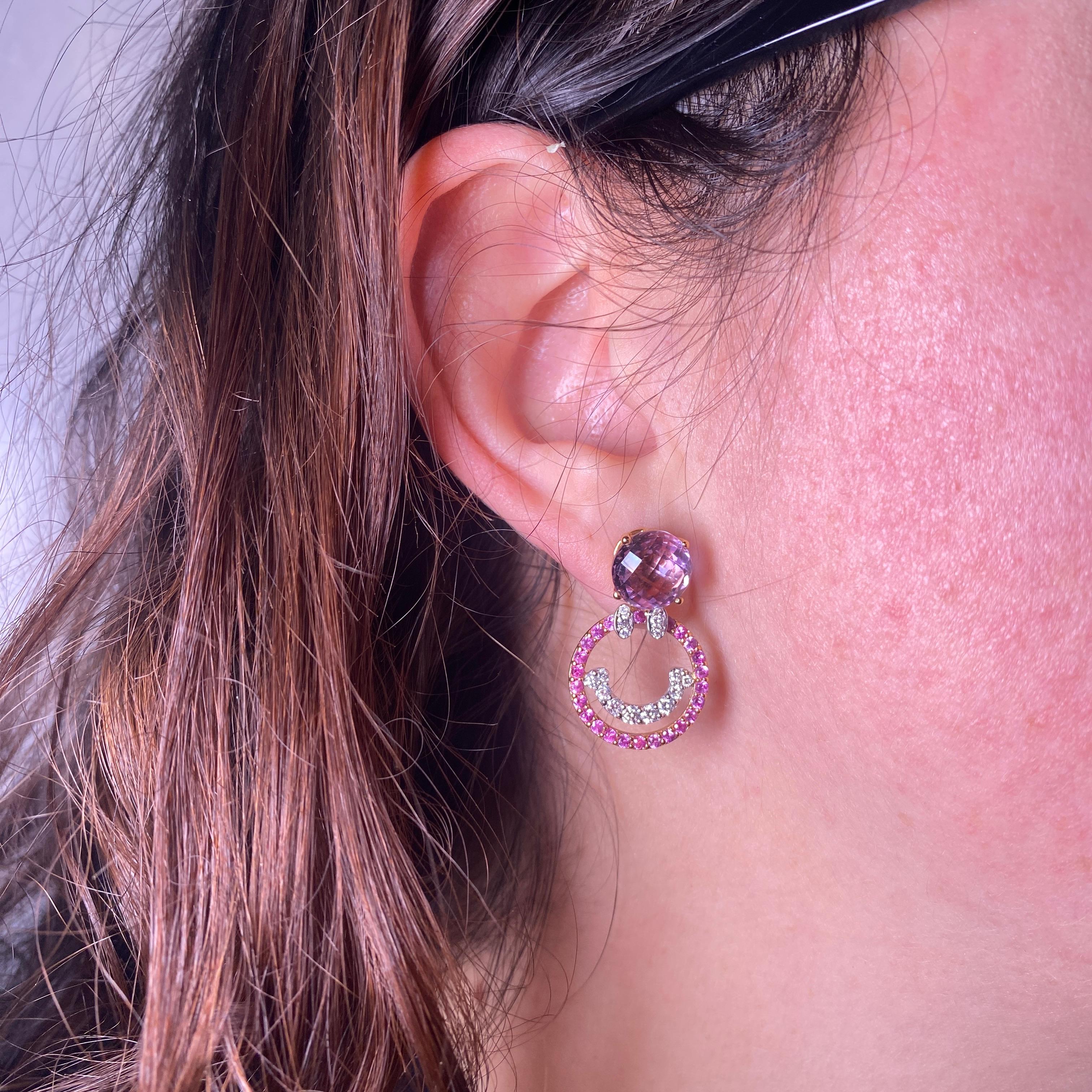 Women's or Men's 18k Rose Gold Earrings with Amethyst, Pink Sapphire, and Diamond Smile Pendant For Sale