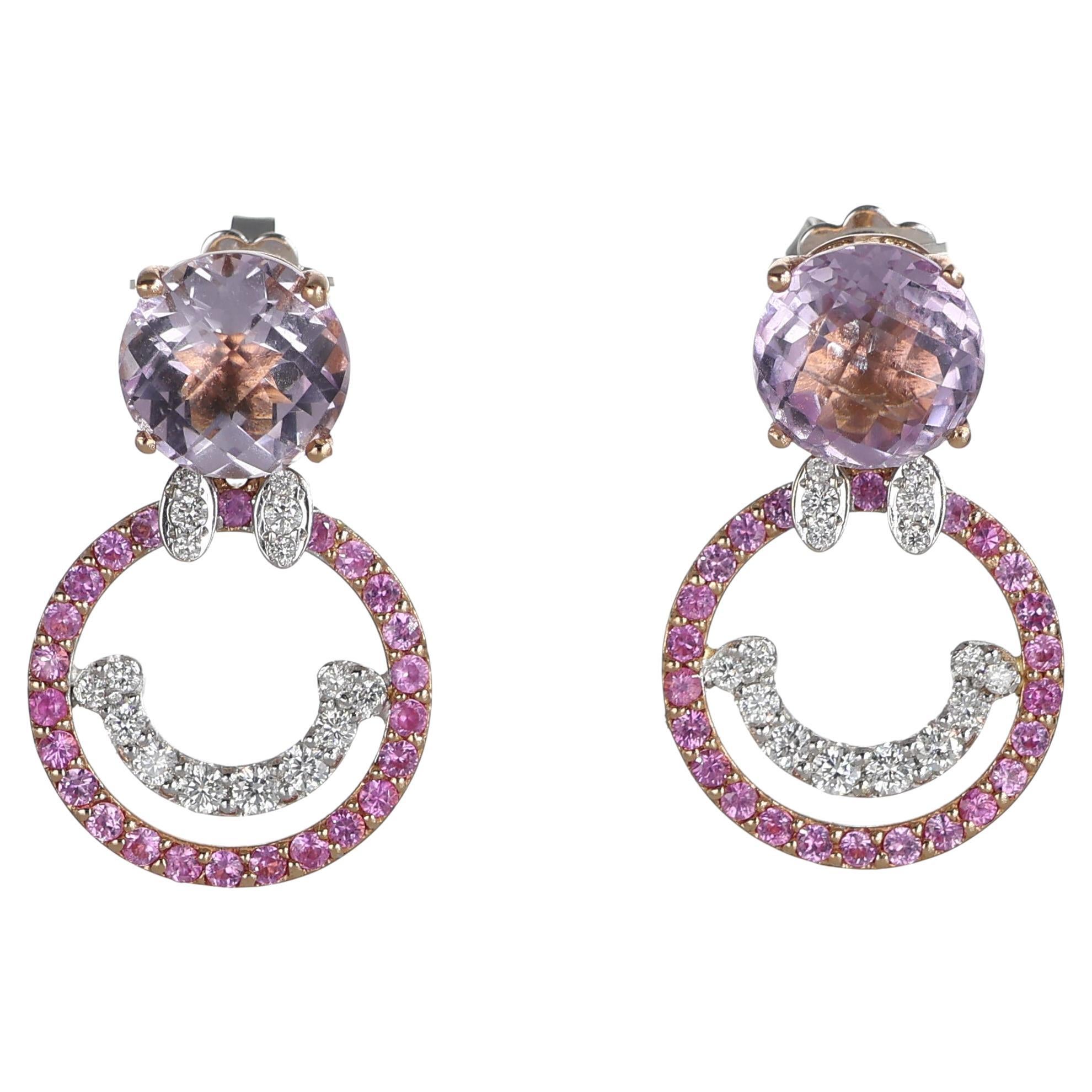 18k Rose Gold Earrings with Amethyst, Pink Sapphire, and Diamond Smile Pendant
