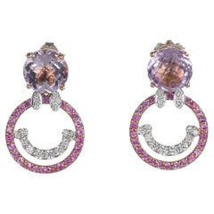 18k Rose Gold Earrings with Amethyst, Pink Sapphire, and Diamond Smile Pendant