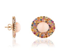18K Rose Gold Earrings with Cluster Vivid Cabochon Coral and Sapphire Drop