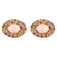 18K Rose Gold Earrings with Cluster Vivid Cabochon Coral and Sapphire Drop