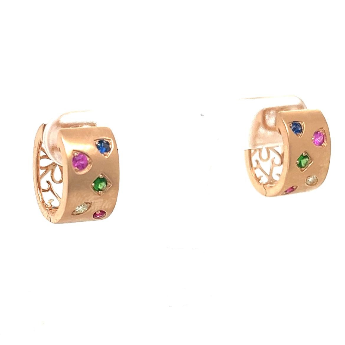 Modern 18K Rose Gold Earrings with Multi-Color Gemstones and Diamonds For Sale
