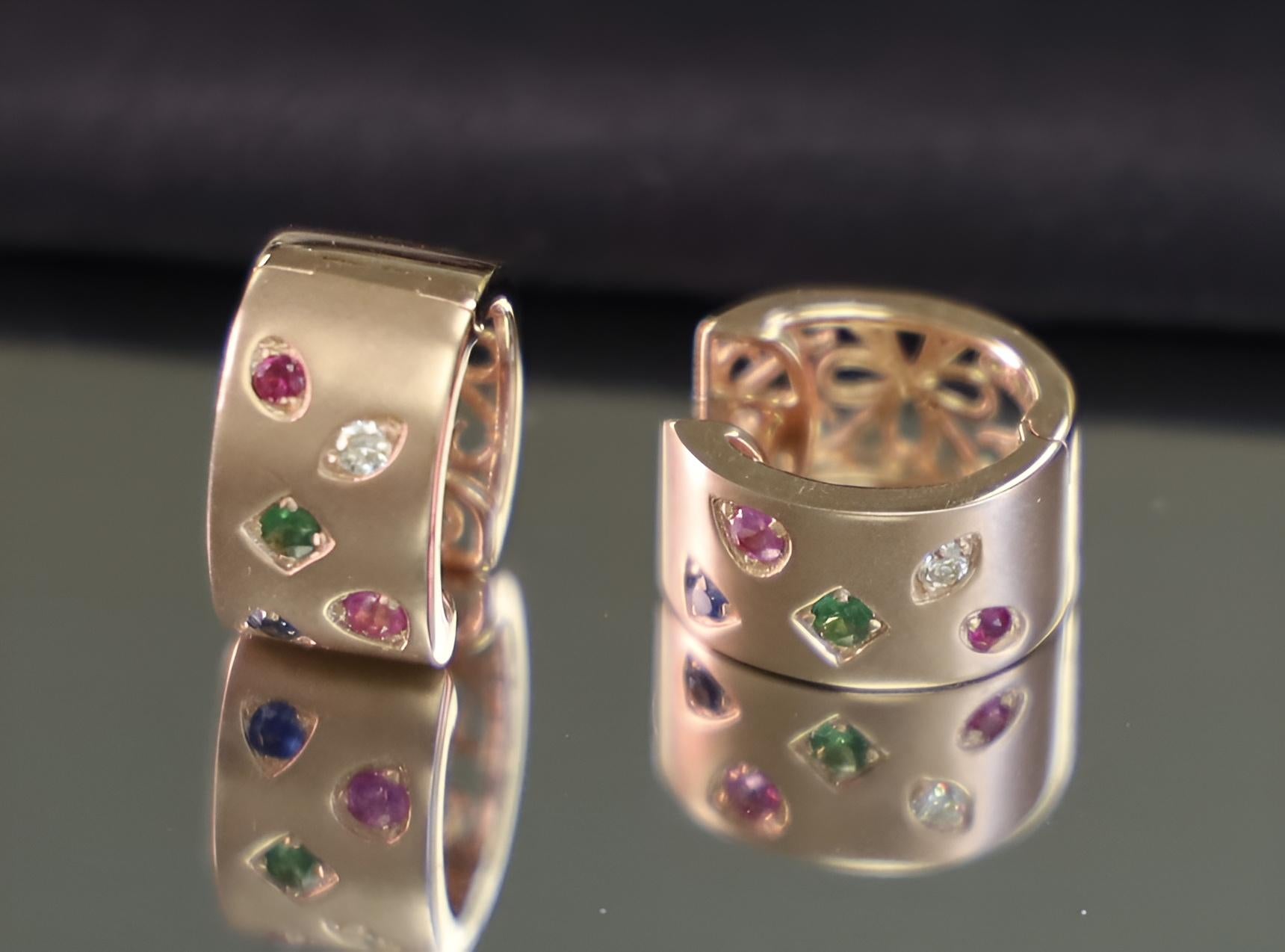 Round Cut 18K Rose Gold Earrings with Multi-Color Gemstones and Diamonds For Sale