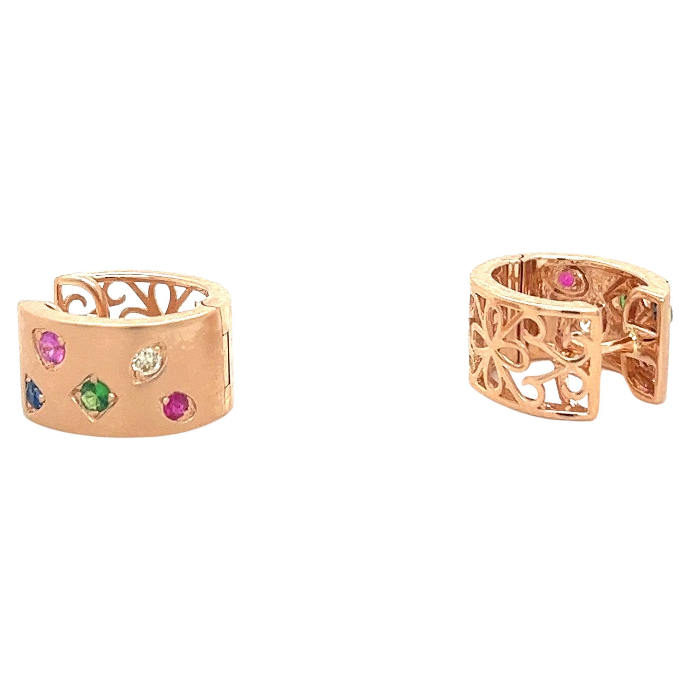Boucles d'oreilles en or rose 18 carats avec pierres précieuses multicolores et diamants