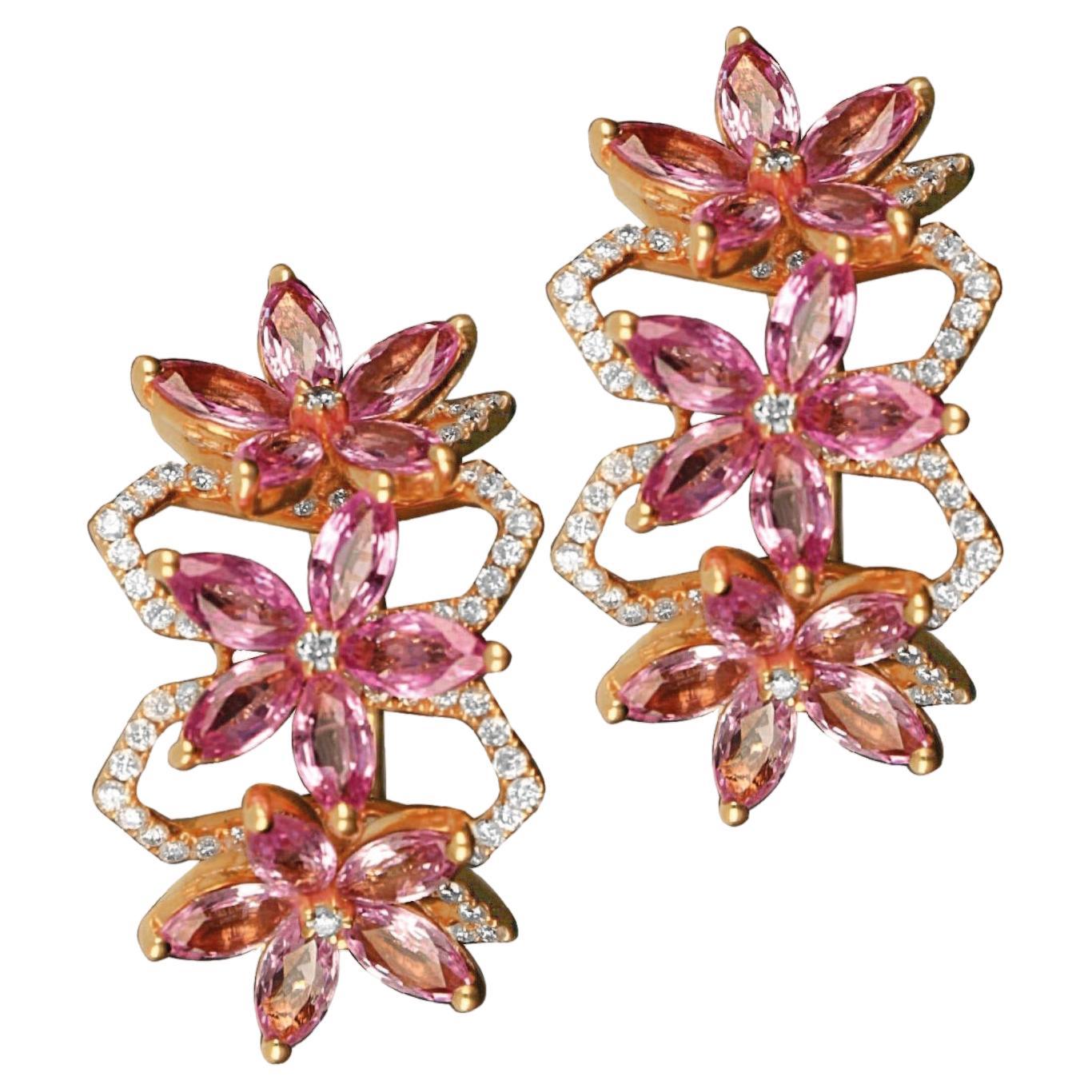 Boucles d'oreilles en or rose 18 carats avec saphirs roses et dimaonds en vente