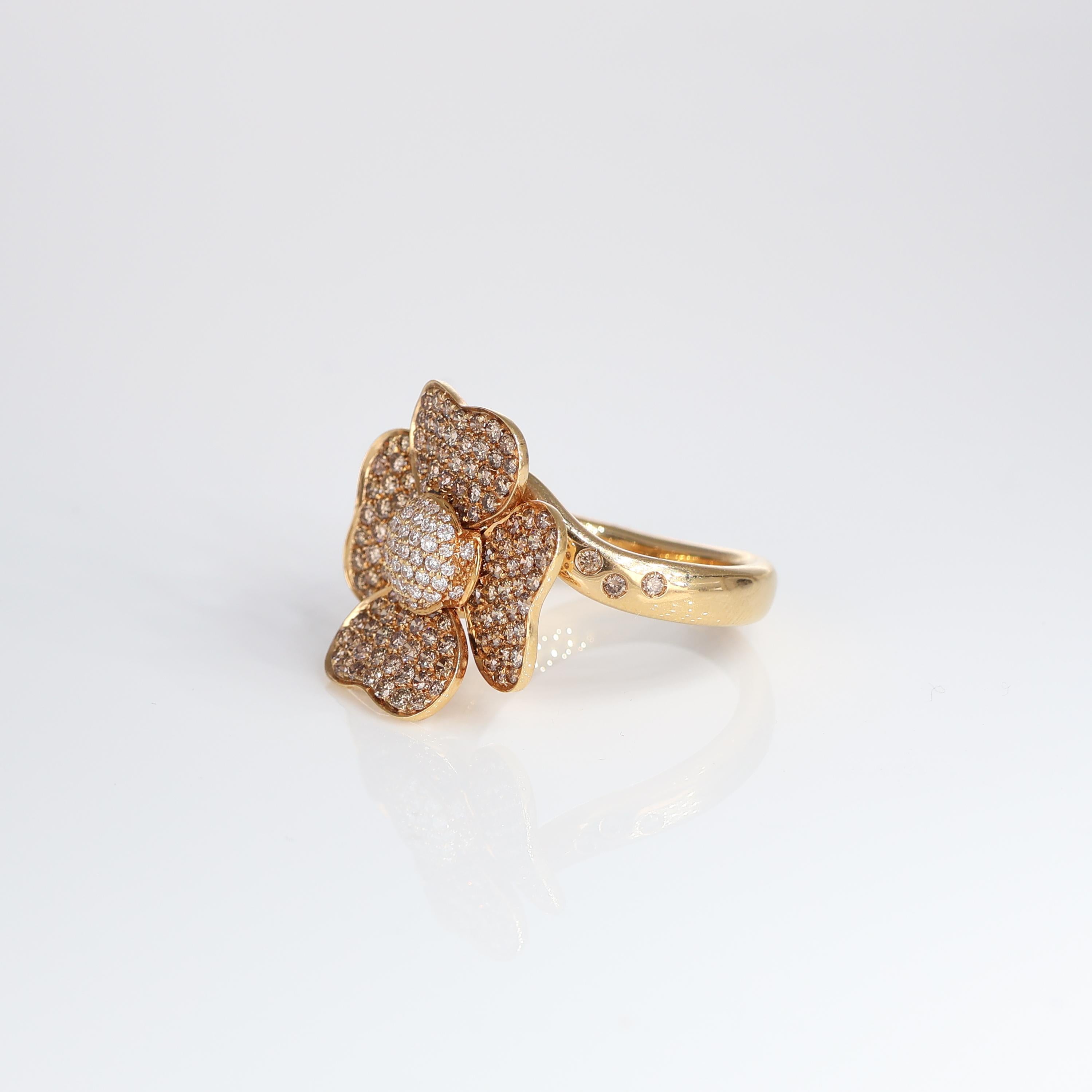 Brilliant Cut 18k Rose Gold Eden Flower Ring with Brown and White Diamonds For Sale