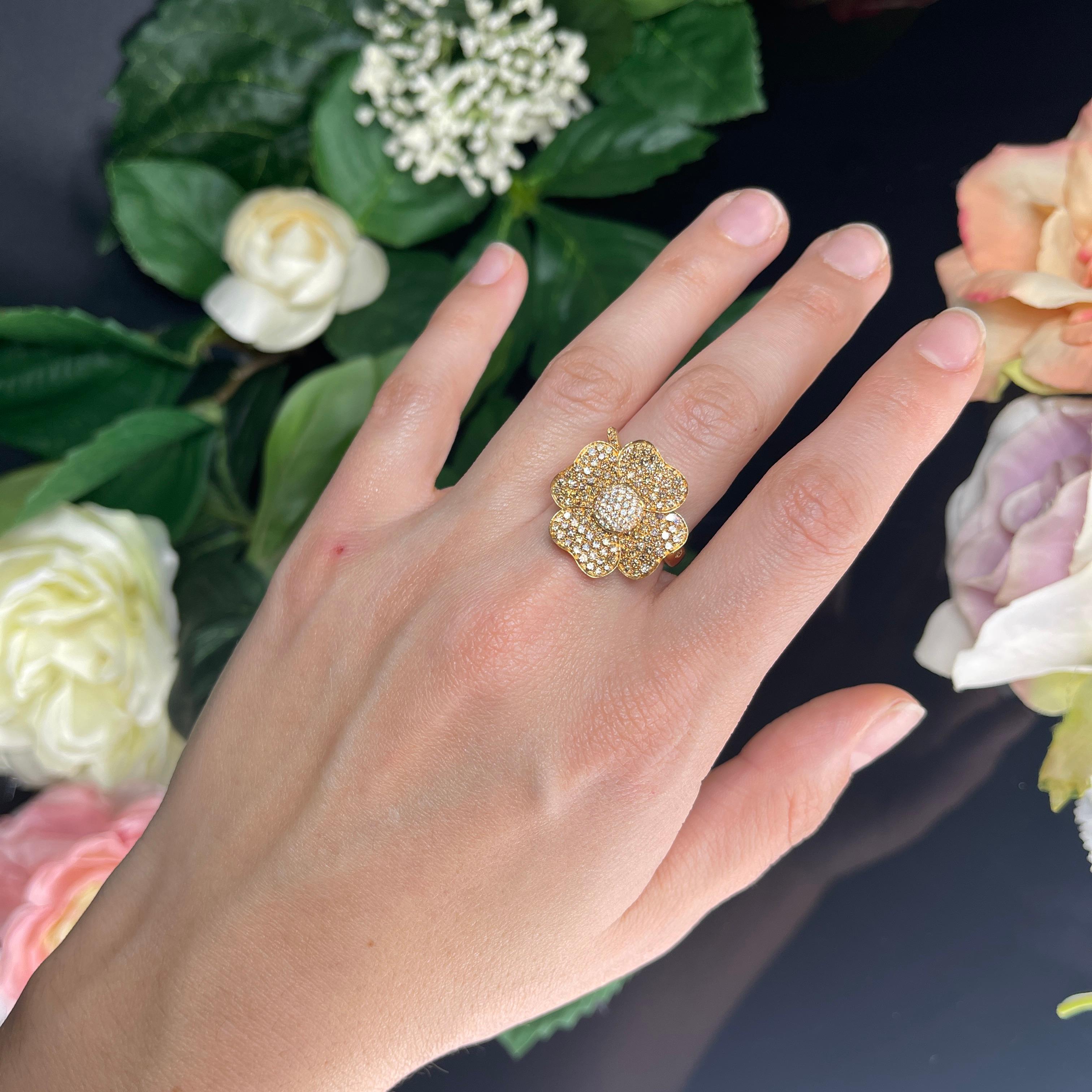 Women's or Men's 18k Rose Gold Eden Flower Ring with Brown and White Diamonds For Sale