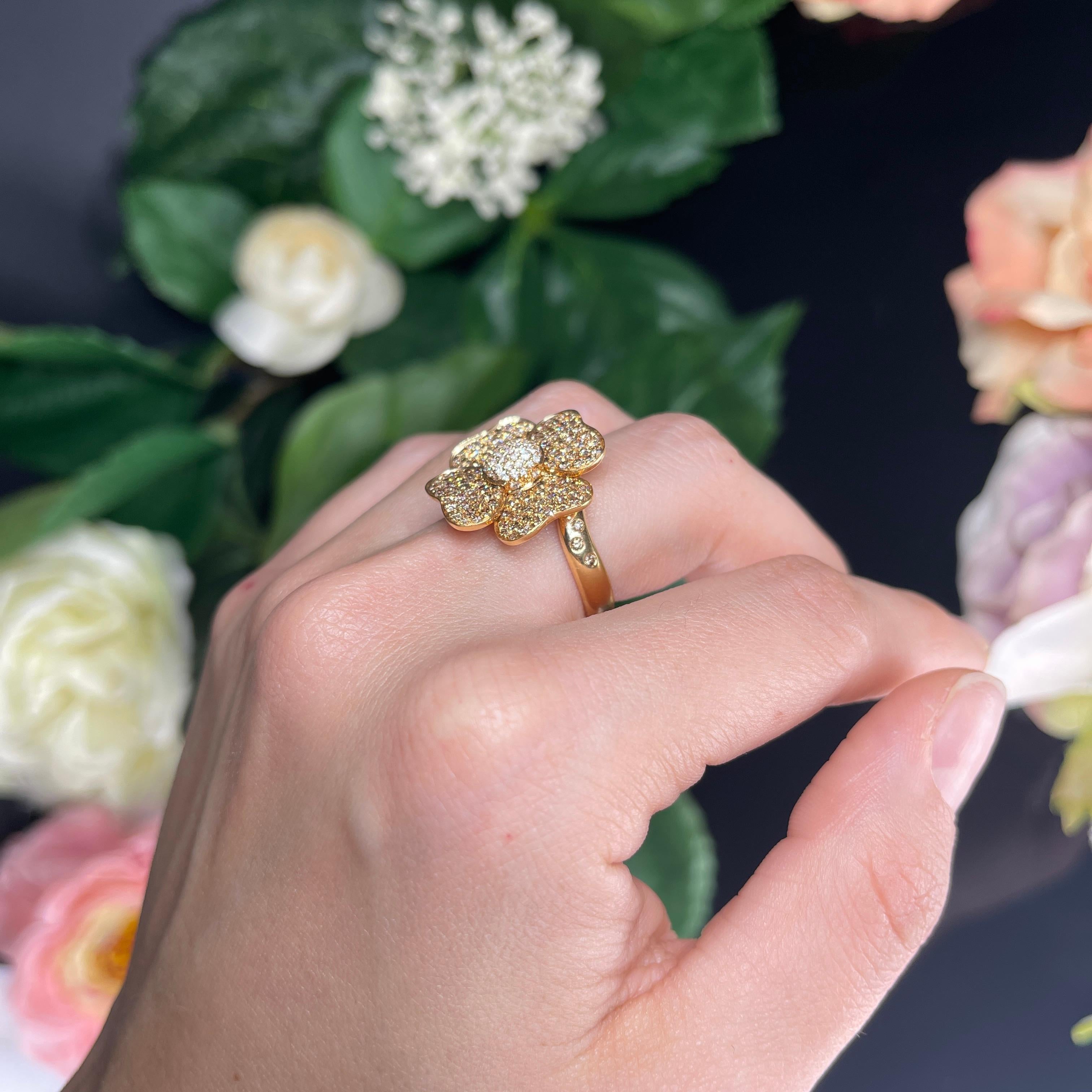 18k Rose Gold Eden Flower Ring with Brown and White Diamonds For Sale 1