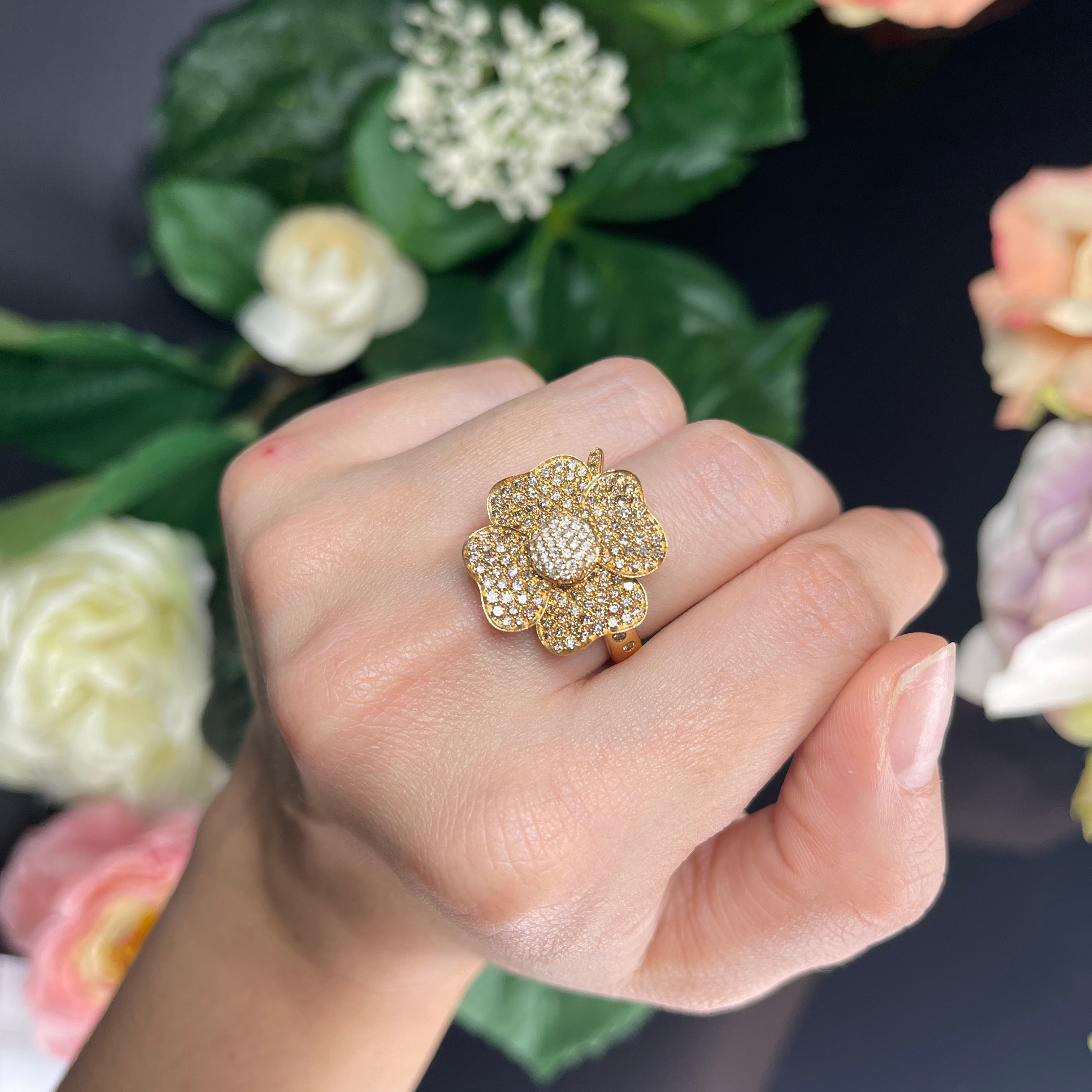18k Rose Gold Eden Flower Ring with Brown and White Diamonds For Sale 2