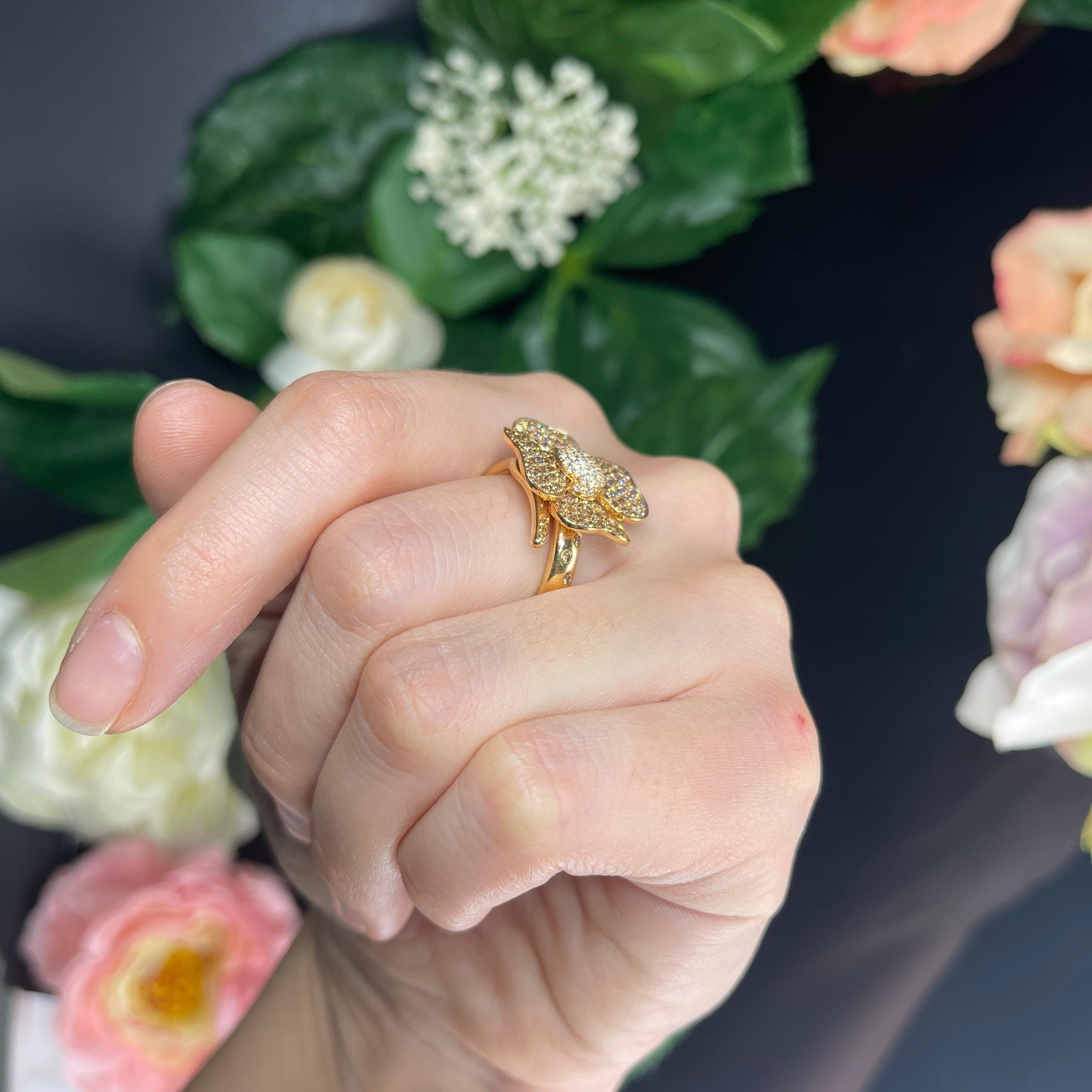 18k Rose Gold Eden Flower Ring with Brown and White Diamonds For Sale 3