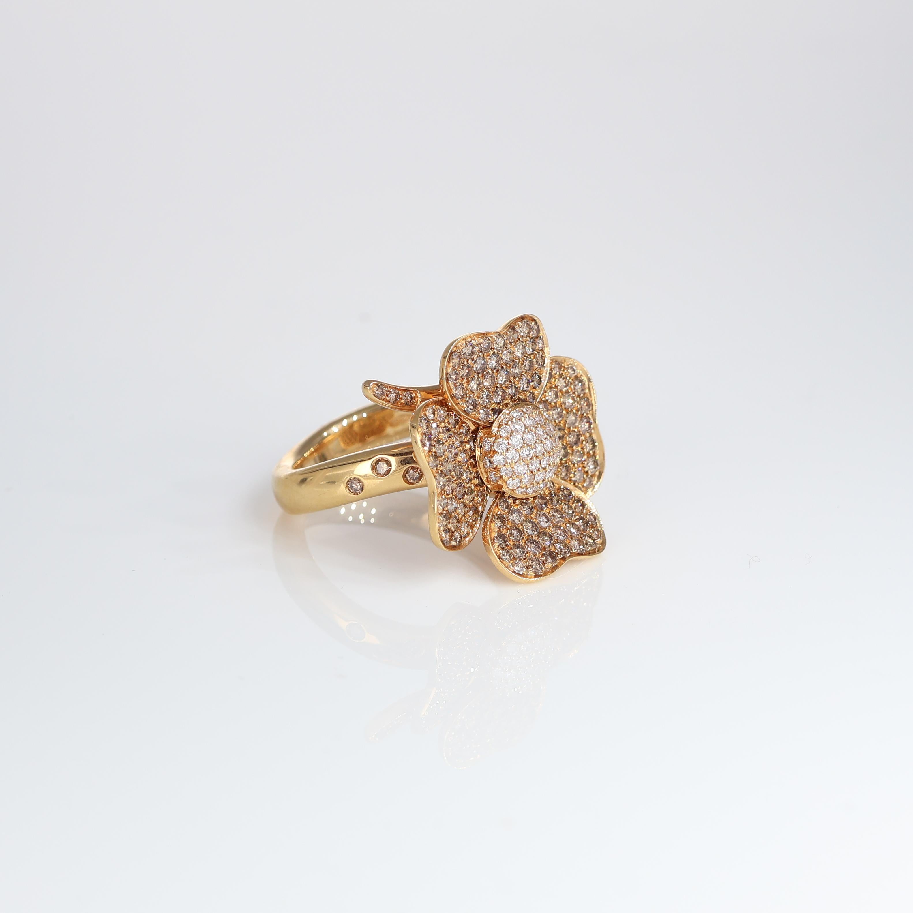 18k Rose Gold Eden Flower Ring with Brown and White Diamonds For Sale 4
