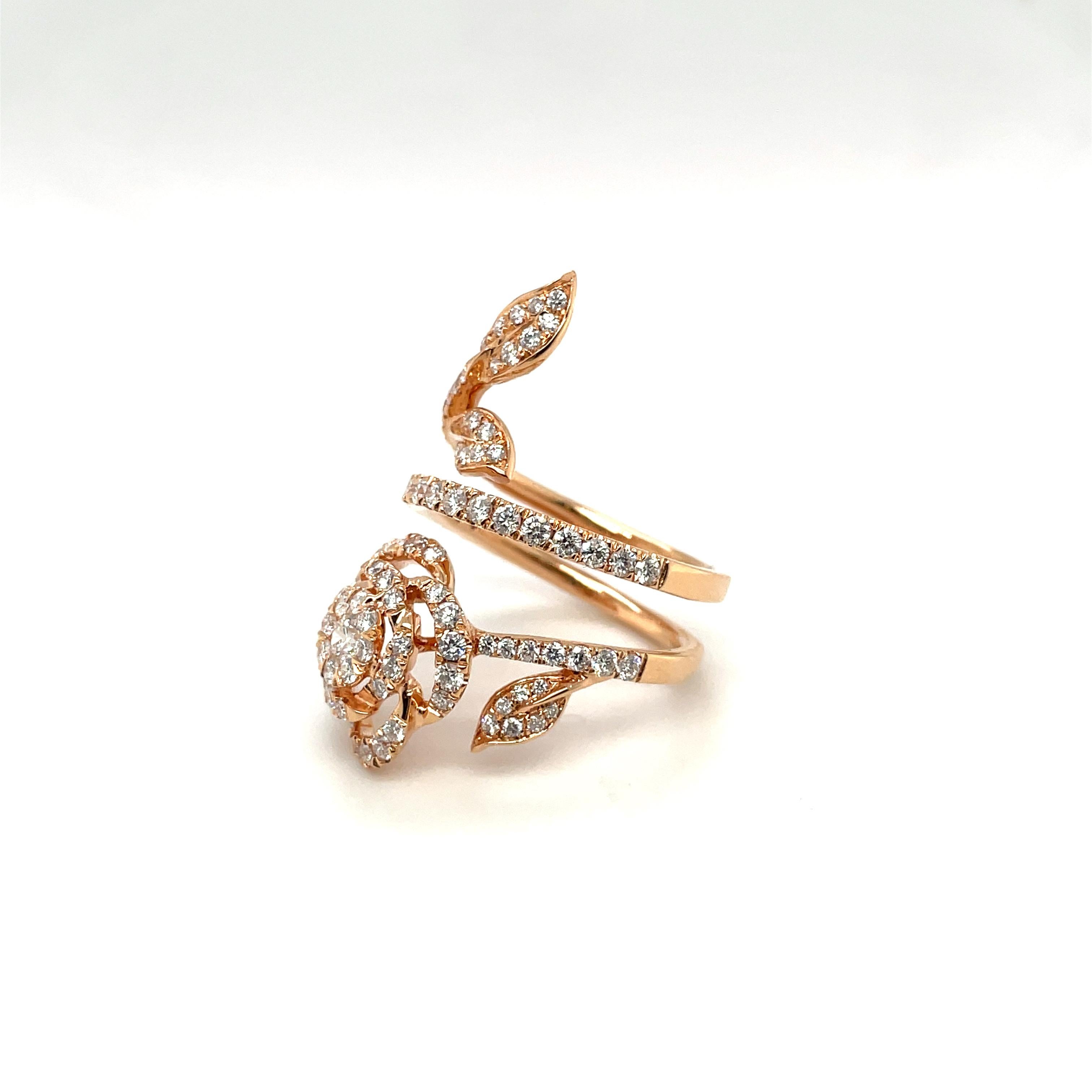 This stunning 18-karat rose gold elongated flower ring is a true statement piece, designed with elegance and sophistication in mind. The intricate flower motif features delicately crafted rose and petal shapes, adorned with diamonds totaling 1.71