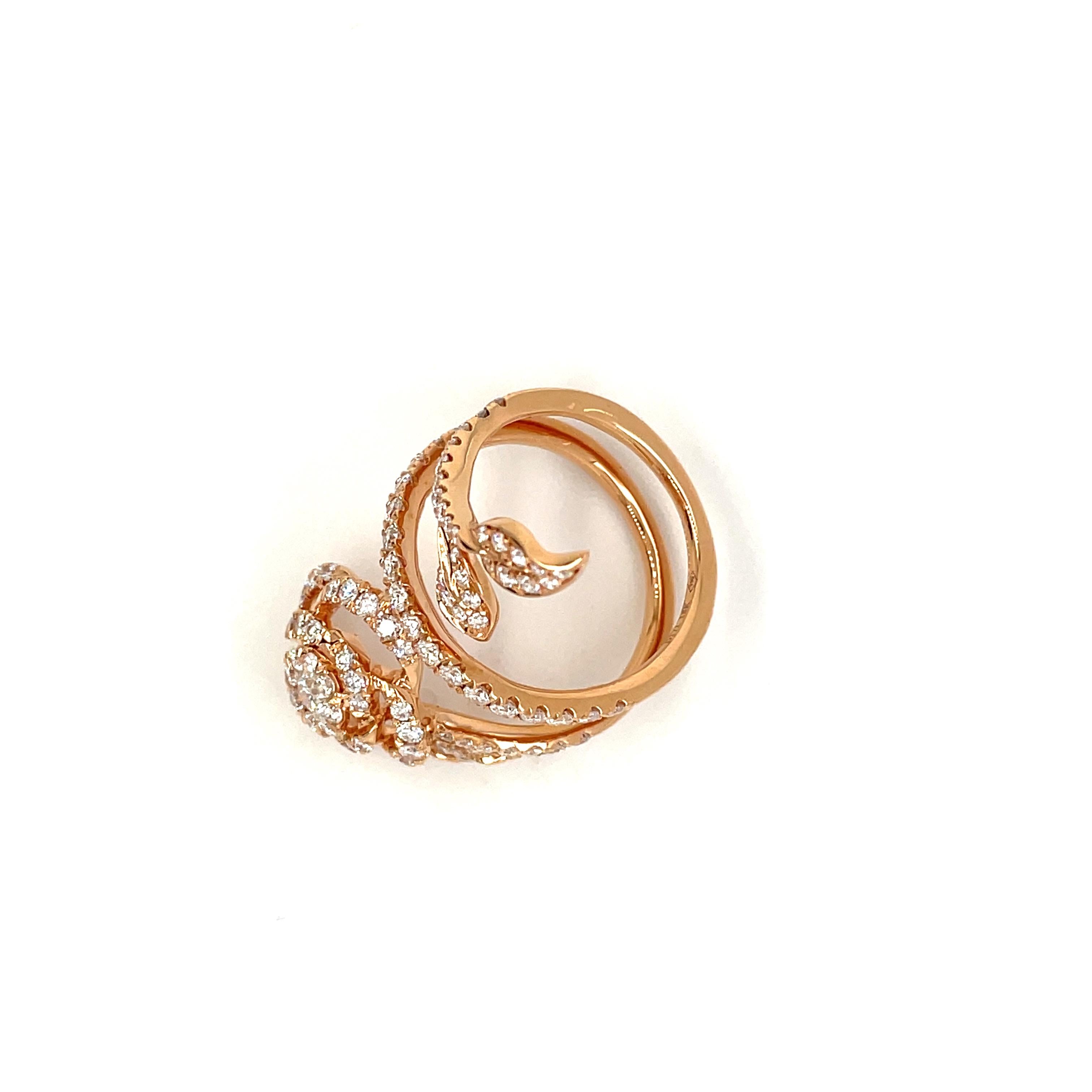 Round Cut 18K Rose Gold Elongated Flower Diamond Ring Totaling 1.71ct For Sale