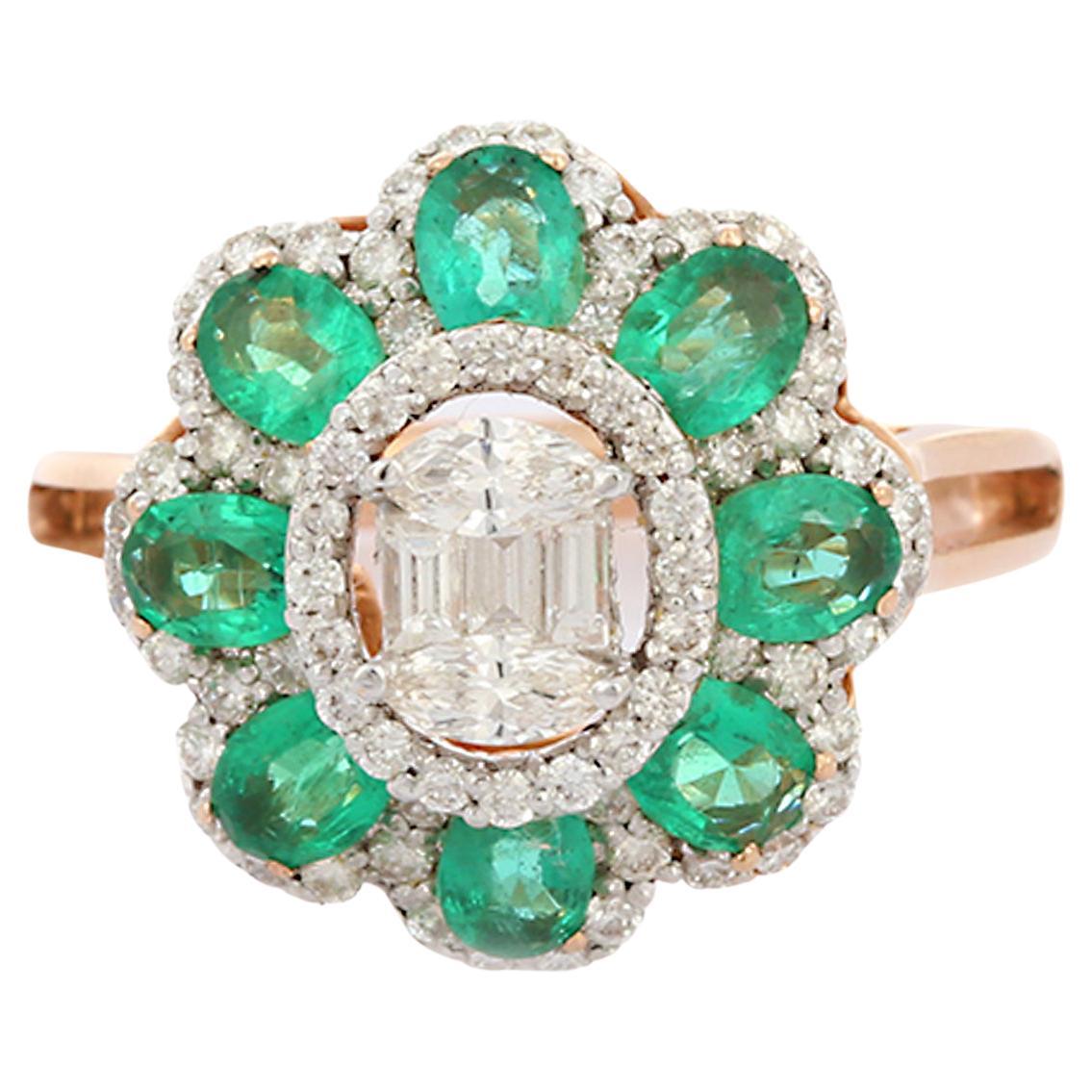 Glamorous Solid 18K Rose Gold Diamond and Emerald Cocktail Ring 