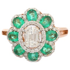18K Rose Gold Emerald and Diamond Cocktail Ring, Christmas Gift for Her