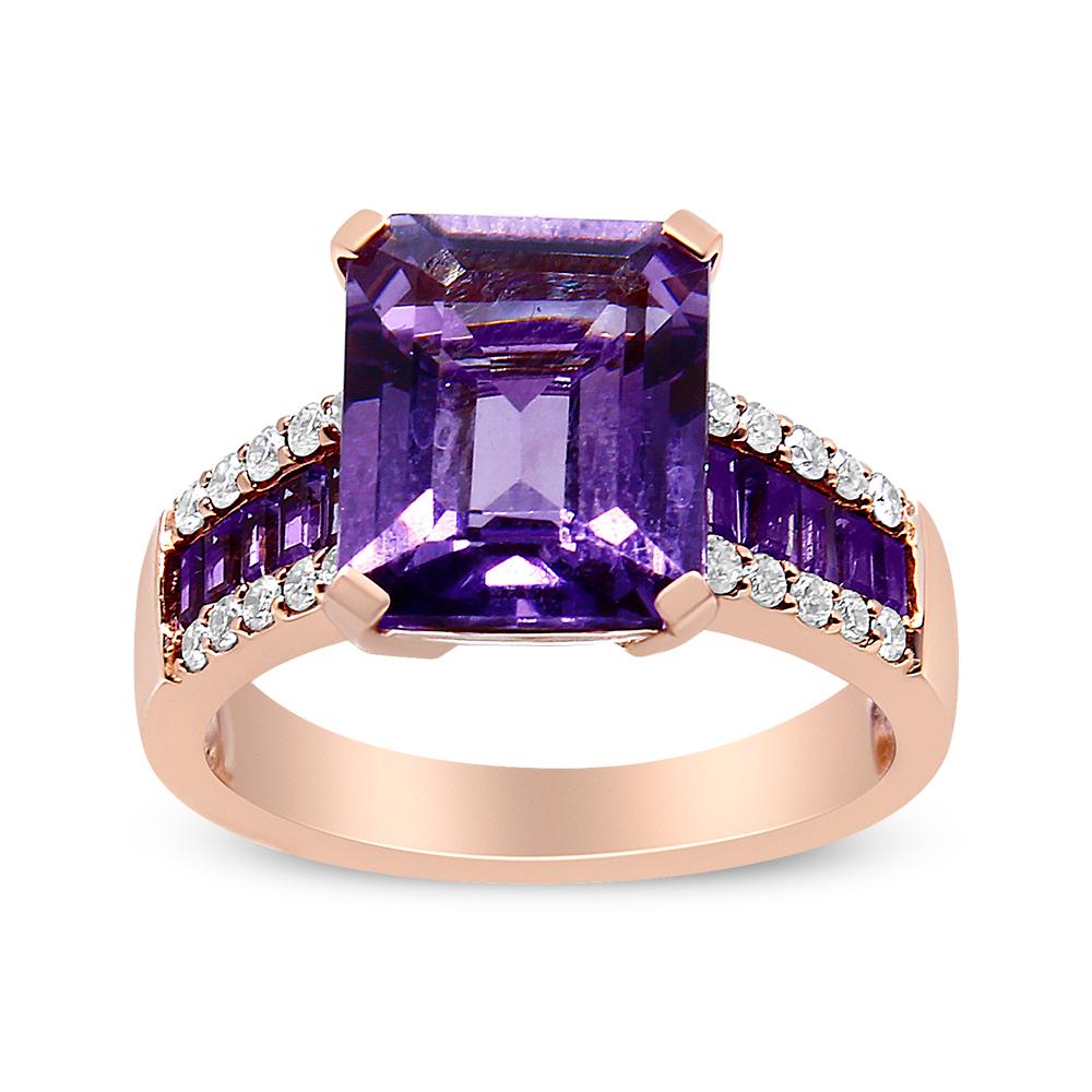 This gorgeous 18k rose gold cocktail ring features a stunning Emerald Cut purple quartz in a classic 4 prong setting. This vivid purple ring features a step-down row of smaller, baguette cut emeralds flanked by a stunning accent of round, white
