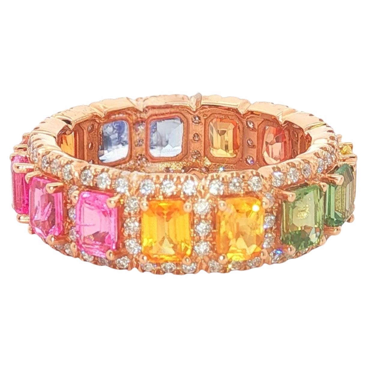 18K Rose Gold Emerald-Cut Rainbow Sapphire Ring, Diamond Eternity Band, 4.72ct