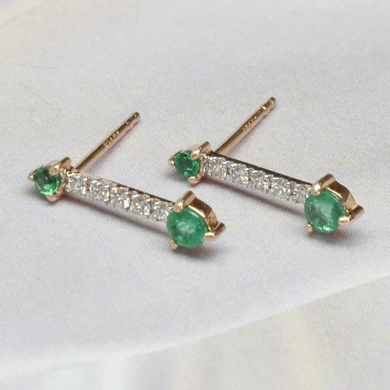 Round Cut 18k Rose Gold Emerald Earrings with Round Diamond Stud Earrings For Sale