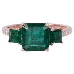 18K Rose Gold Emerald Statement Ring, 3 Stone Natural Emerald Engagement Ring