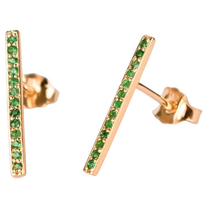 18k Rose Gold Emerald Stud Earrings Long Bar Studs Delicate Gold Earrings