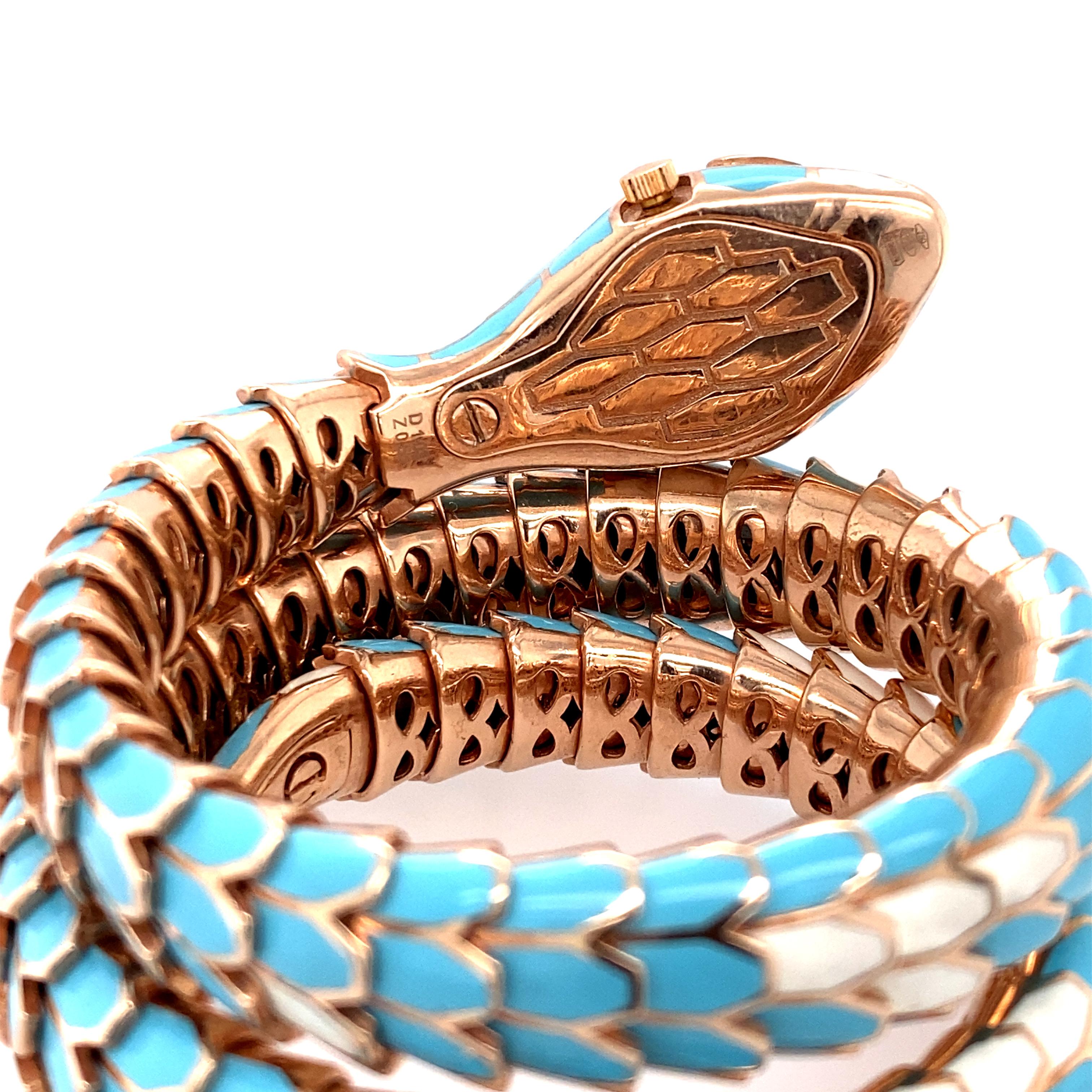 Women's 18k Rose Gold Enamel Sapphire and Diamond Watch Bracelet For Sale