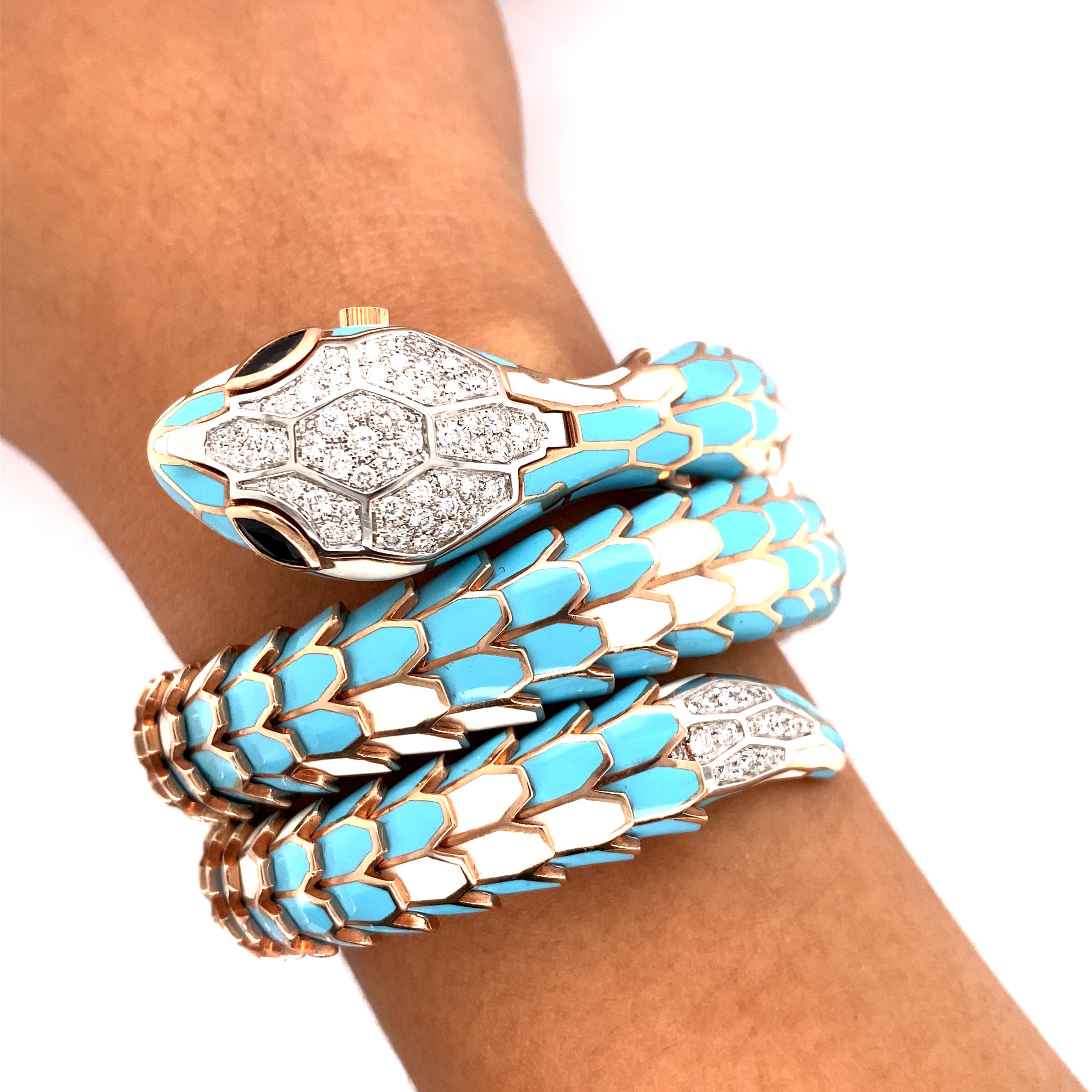 18k Rose Gold Enamel Sapphire and Diamond Watch Bracelet For Sale 3