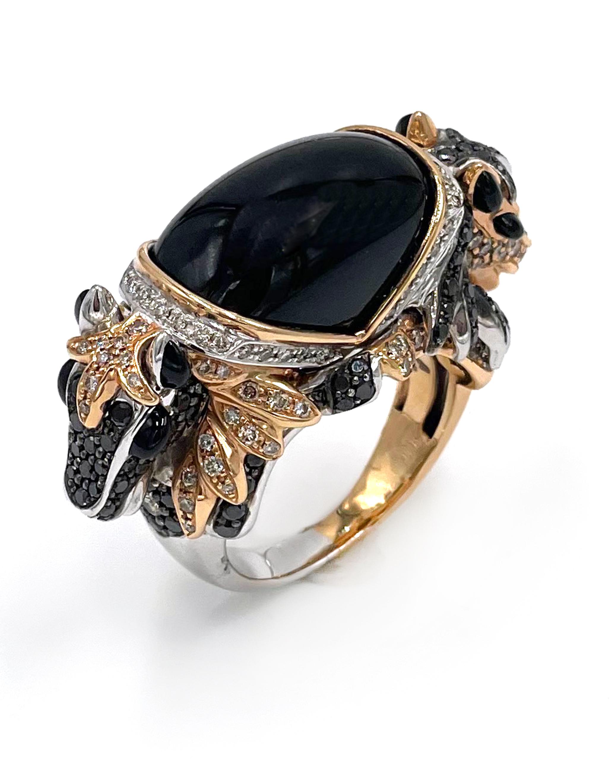 One of a Kind 18k Rose Gold Cabochon Black Spinel Double Horse Diamond Ring In New Condition For Sale In Old Tappan, NJ