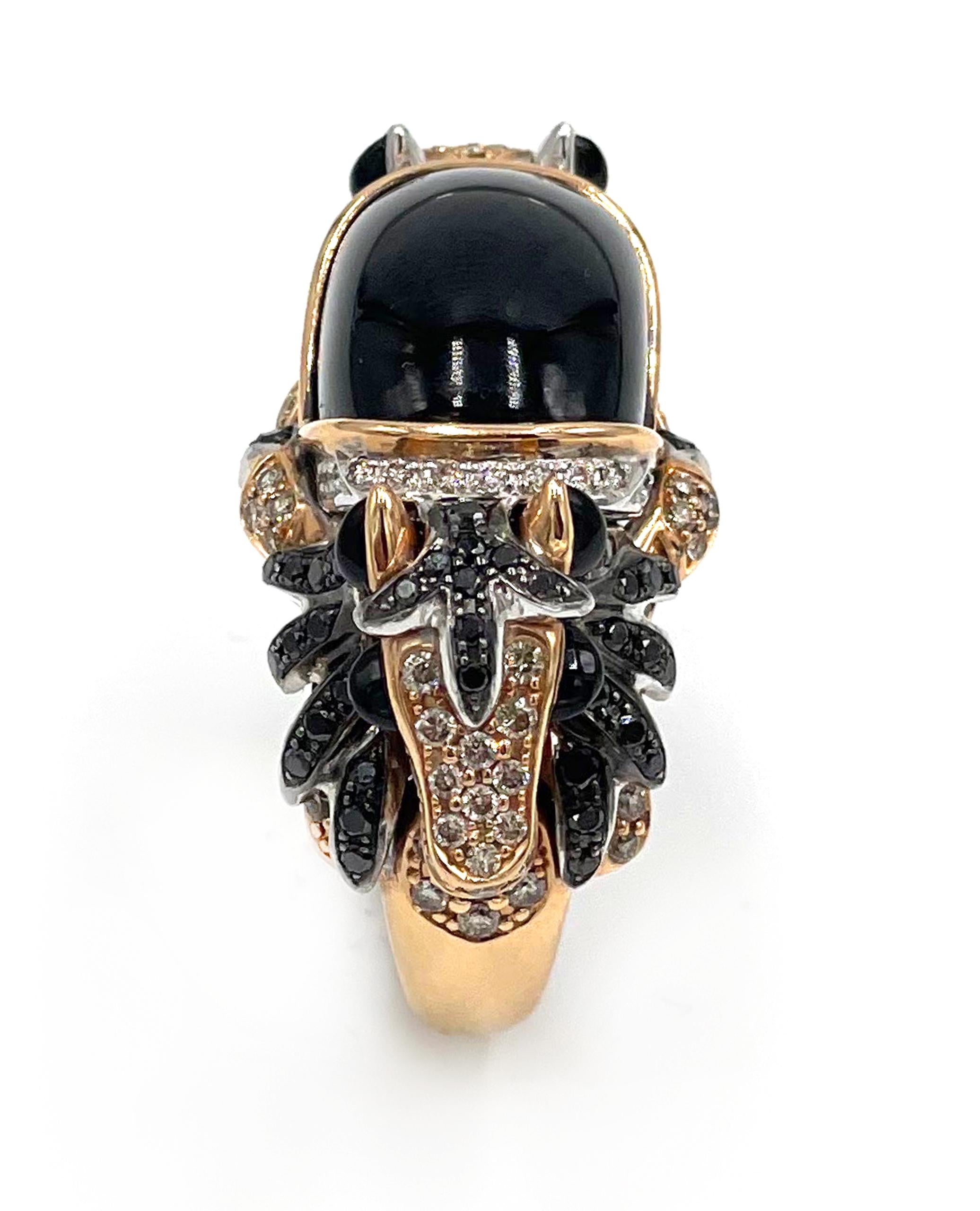 One of a Kind 18k Rose Gold Cabochon Black Spinel Double Horse Diamond Ring For Sale 5