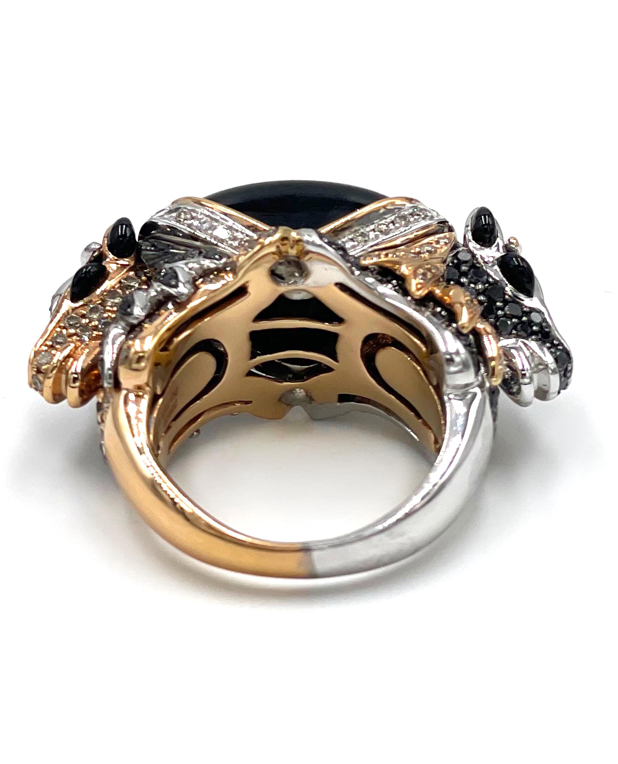 One of a Kind 18k Rose Gold Cabochon Black Spinel Double Horse Diamond Ring For Sale 1