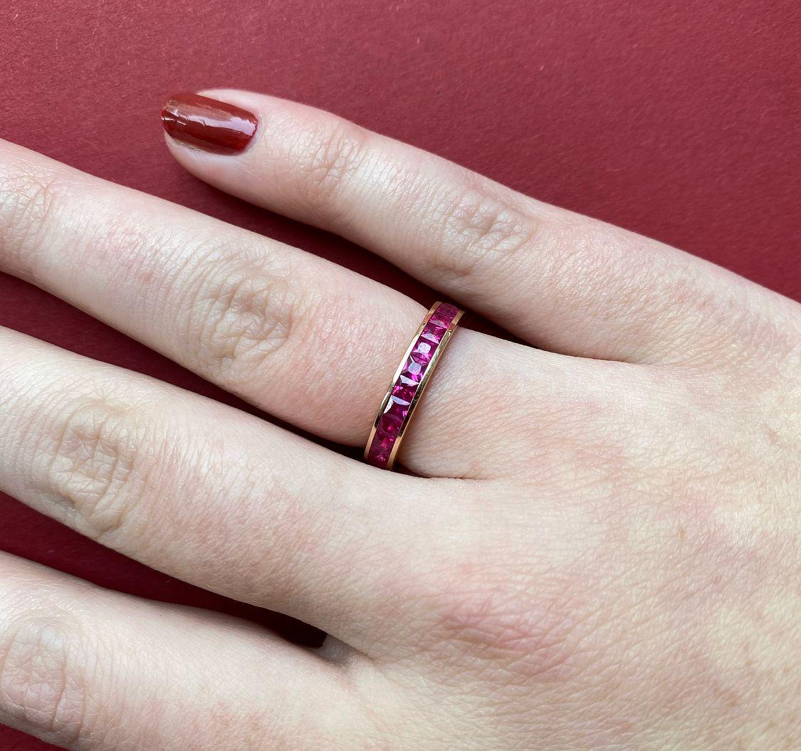 Women's or Men's 18K Rose Gold Eternity Ring with Ruby For Sale