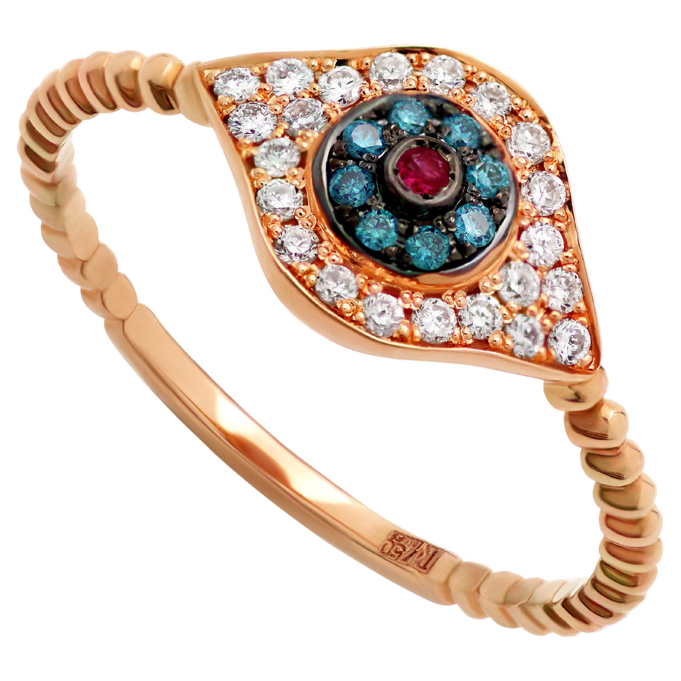 18k Rose Gold Evil Eye Dainty Ring with Ruby and Diamonds For Sale