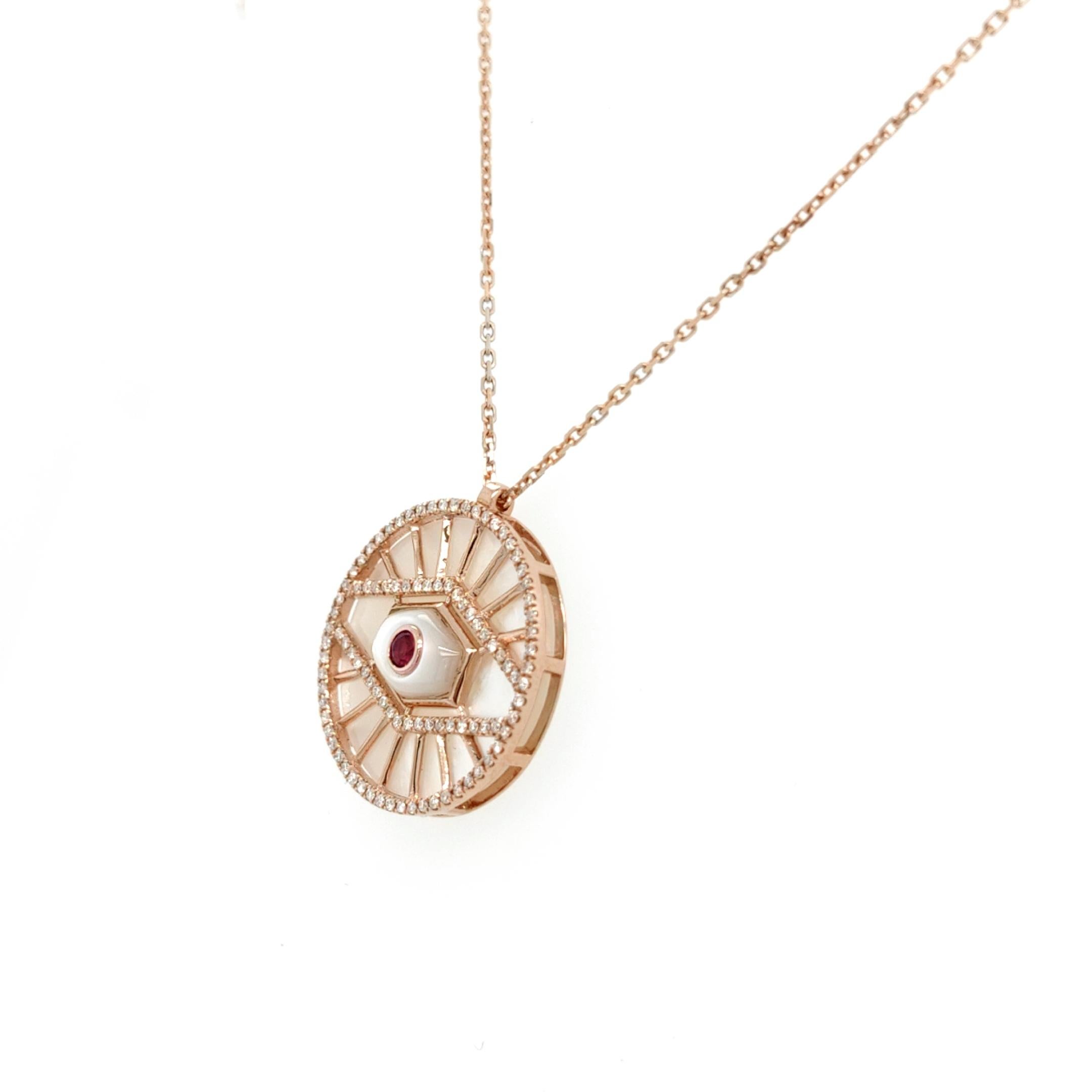 18K Rose Gold Evil Eye Diamant-Anhänger Halskette mit Muschelschicht und Rubin 
Länge: 16,5