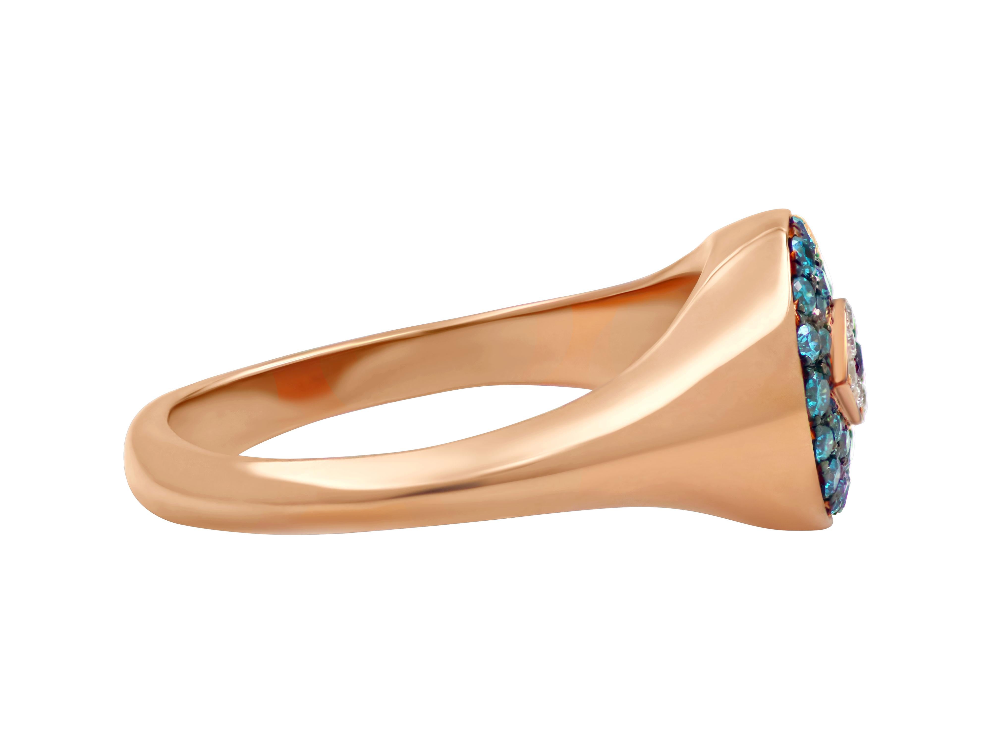 Evil eye ring set in 18k rose gold with 0.15 carats black diamond, 0.26 carats blue diamonds and 0.05 brilliant cut white diamonds. 

Ring face: 0.354X0.354