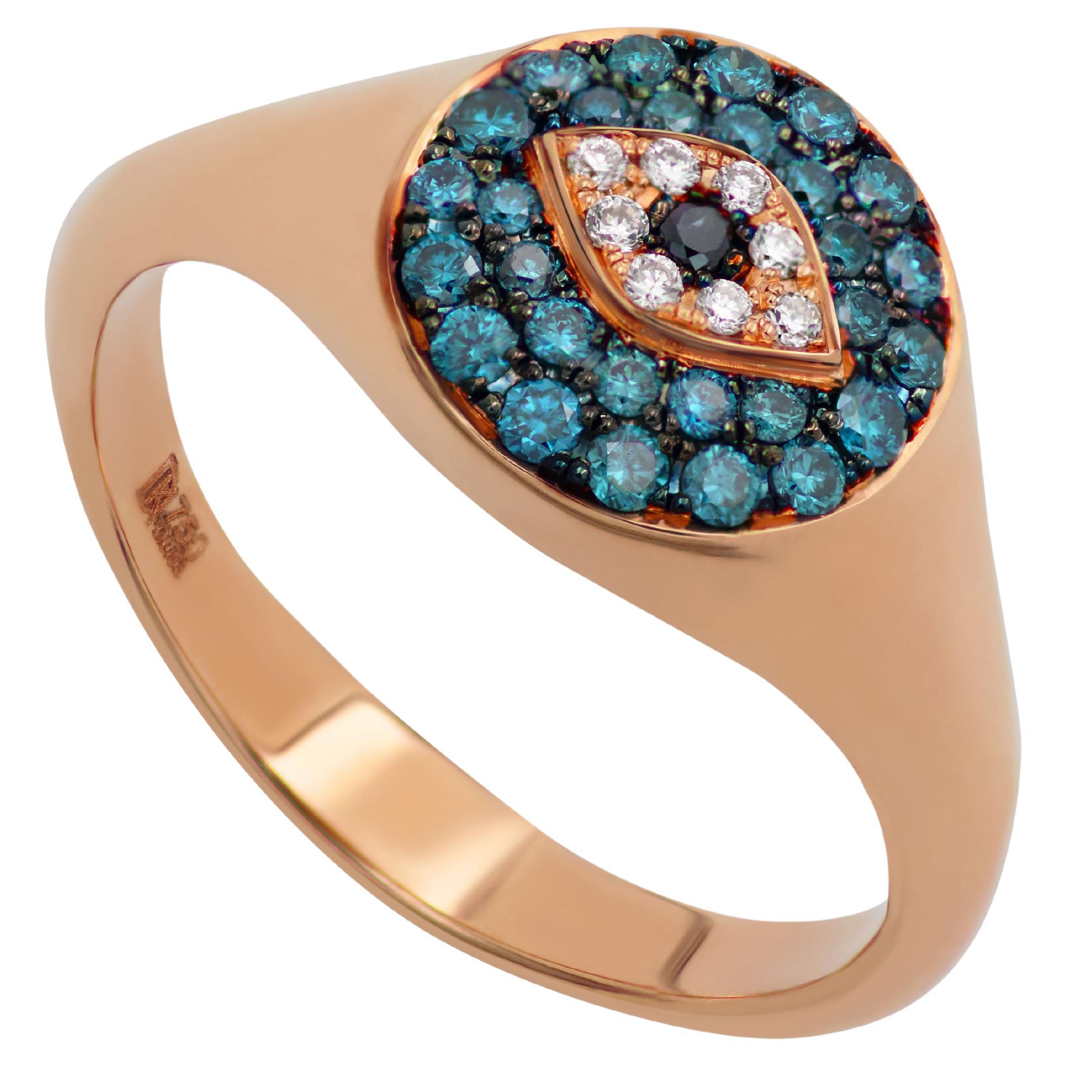 18 Karat Roségold Evil Eye Ring mit blauen und weißen Diamanten 