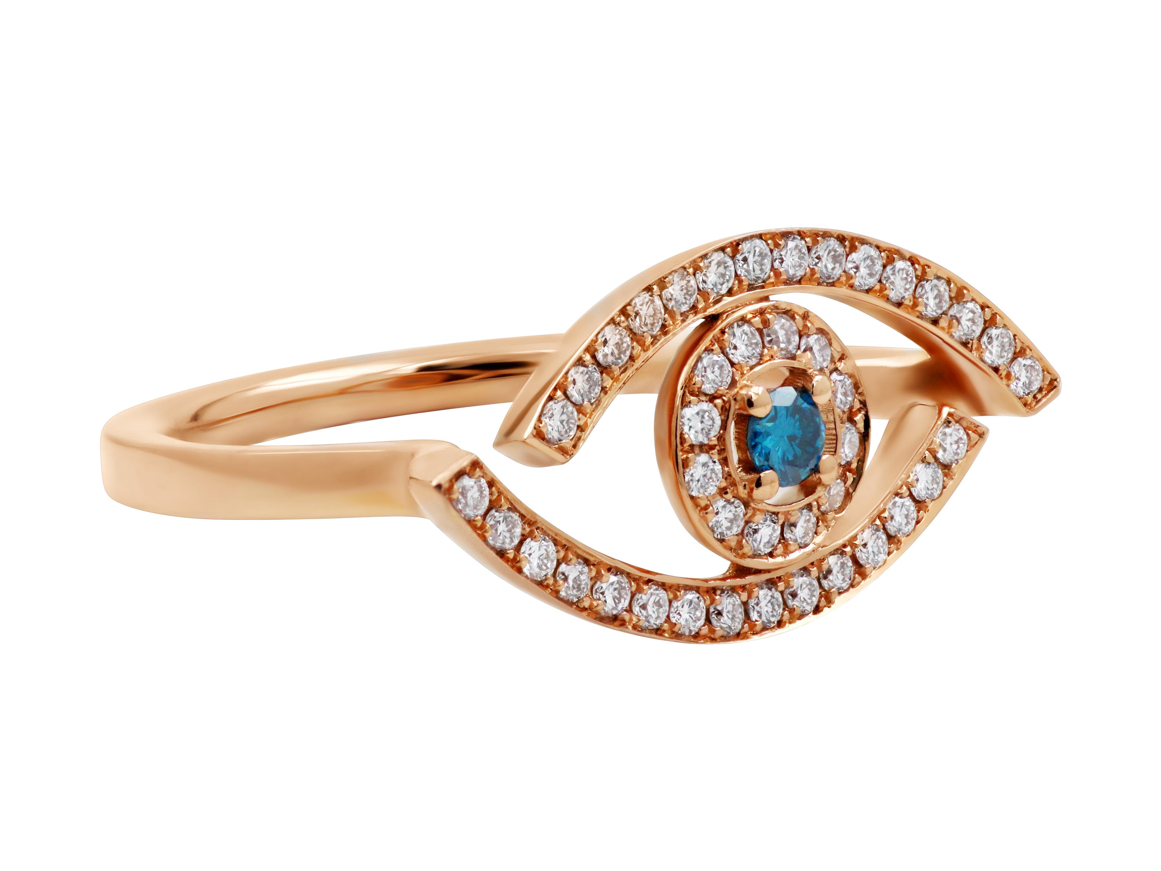 Böser-Augen-Ring mit klaren Linien aus 18 Karat Roségold, besetzt mit einem blauen Diamanten von 0,06 Karat und einem weißen Diamanten von 0,25 Brillantschliff. 

Ringfläche: 0.393X0.787