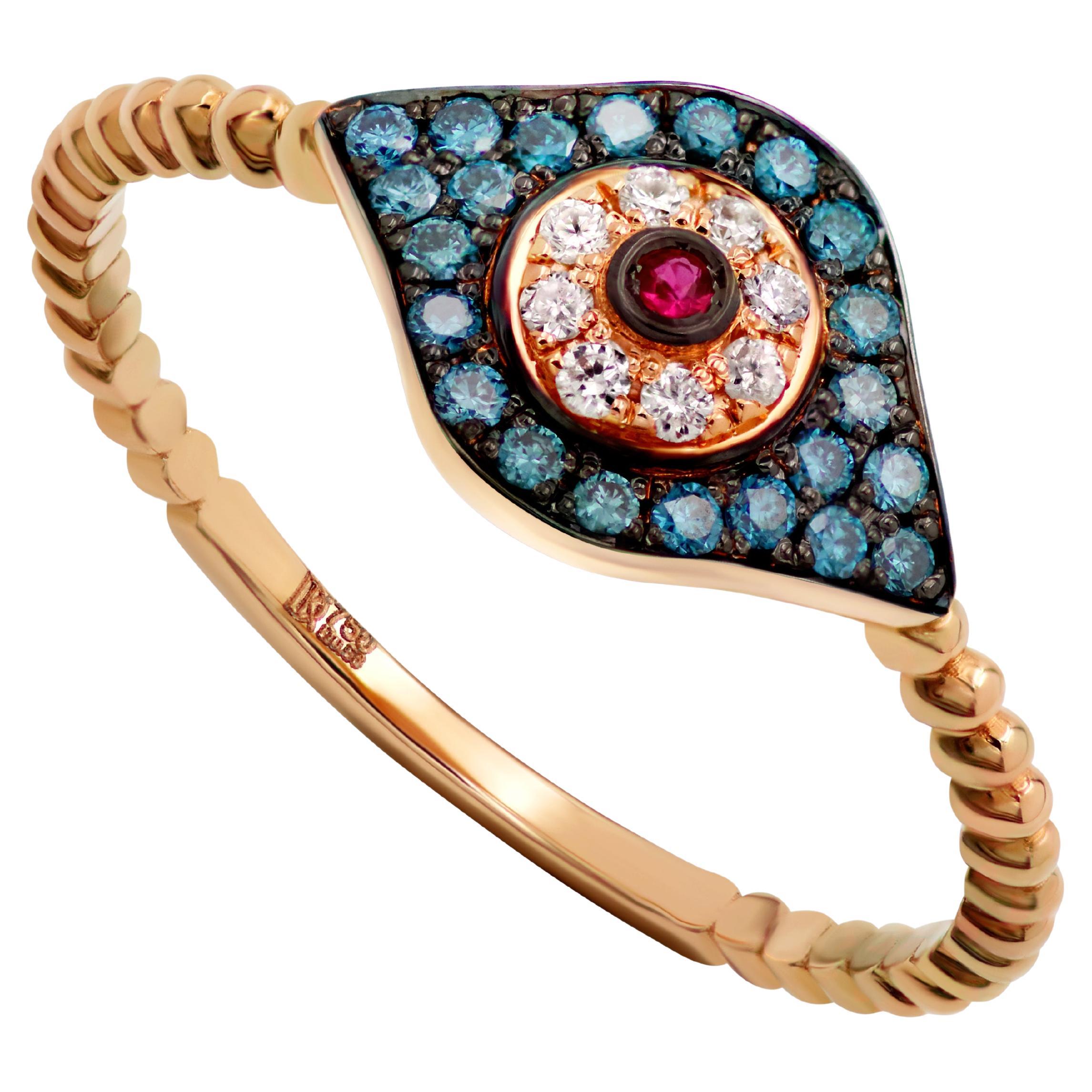 18 Karat Roségold Evil Eye Ring mit Rubin und Diamanten