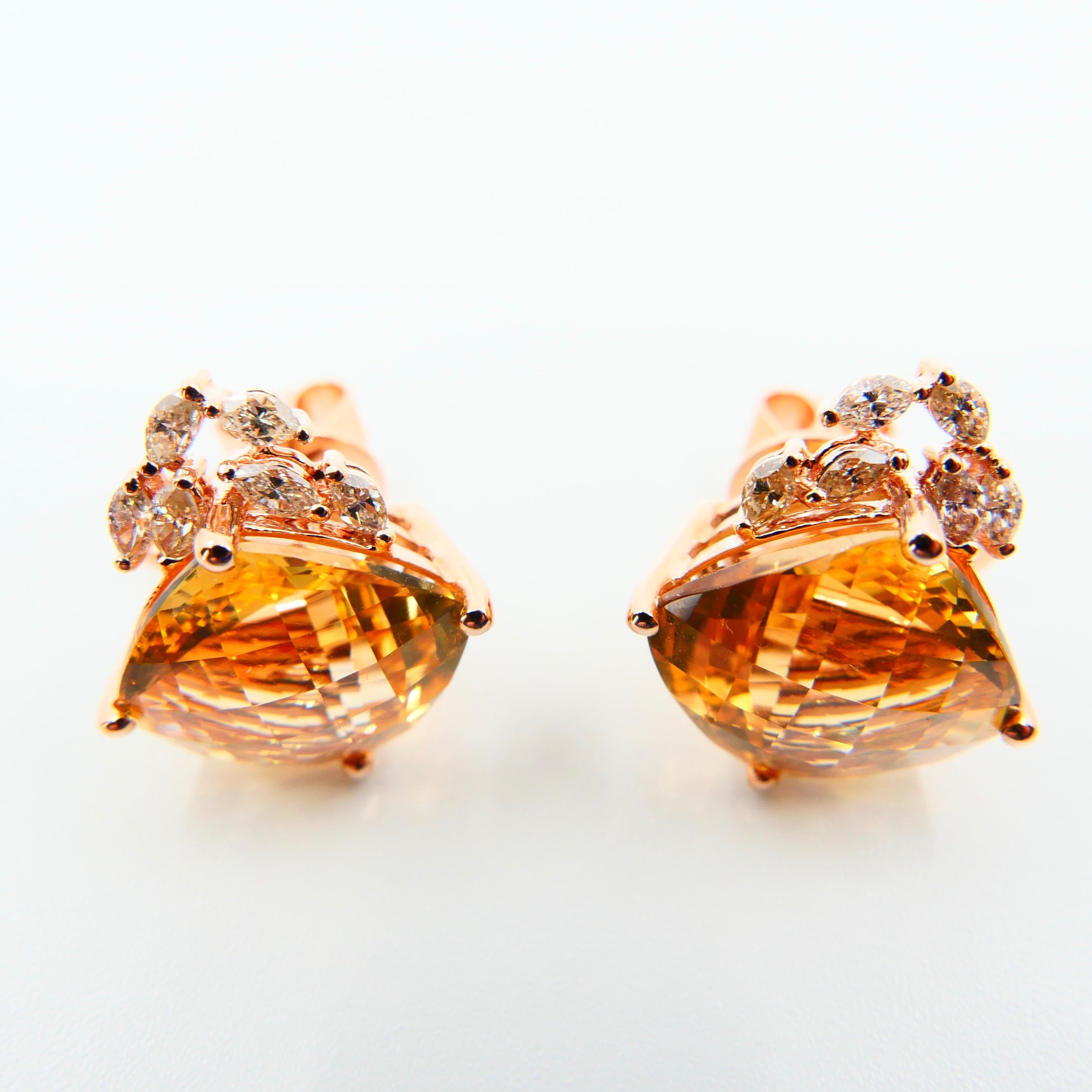 18 Karat Rose Gold Faceted Citrine 13.19 Carat and Diamond Stud Earrings For Sale 1