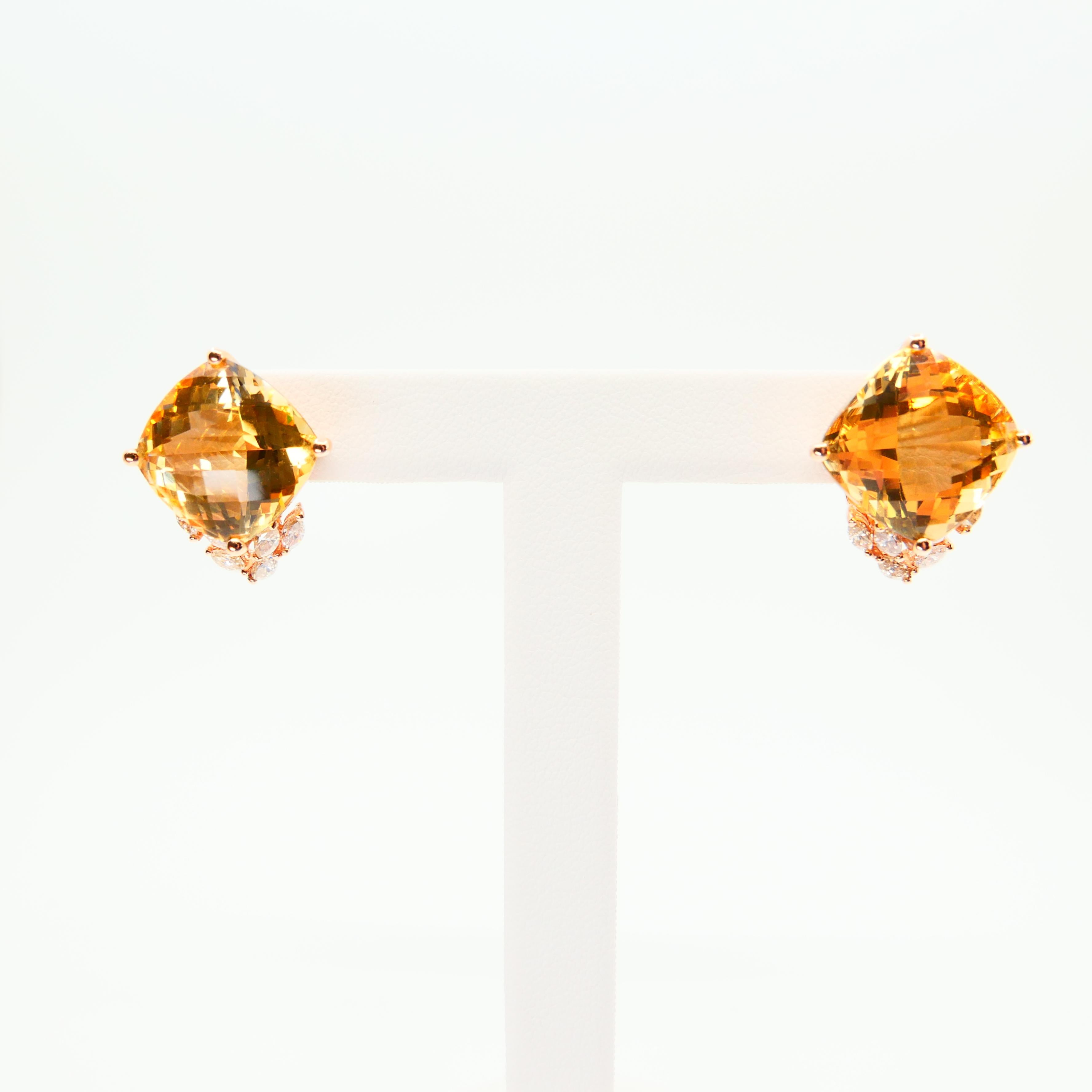 18 Karat Rose Gold Faceted Citrine 13.19 Carat and Diamond Stud Earrings For Sale 2