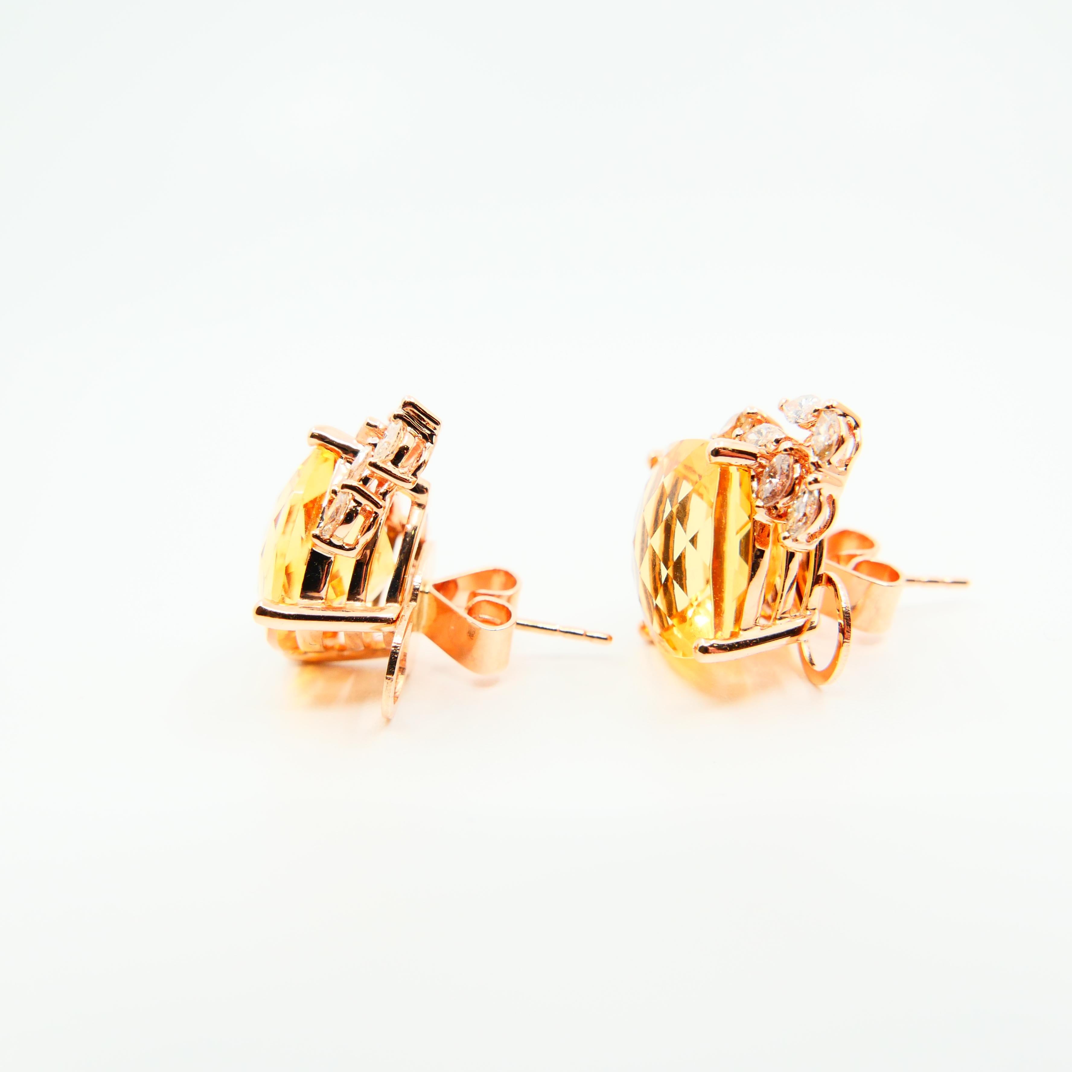 18 Karat Rose Gold Faceted Citrine 13.19 Carat and Diamond Stud Earrings For Sale 3