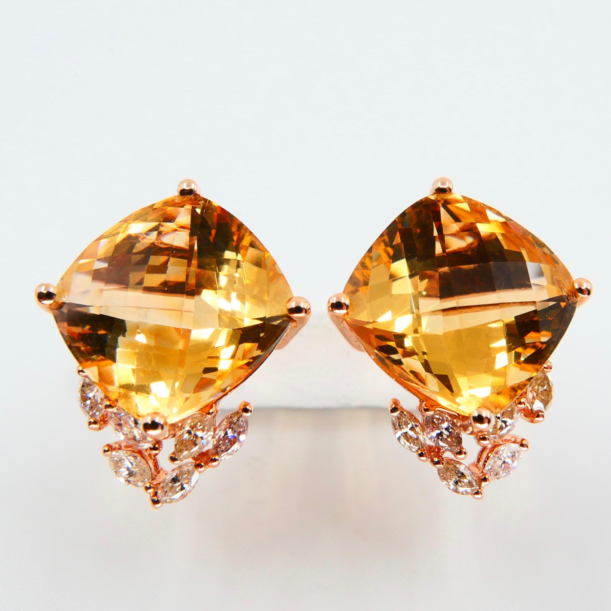 Contemporary 18 Karat Rose Gold Faceted Citrine 13.19 Carat and Diamond Stud Earrings For Sale